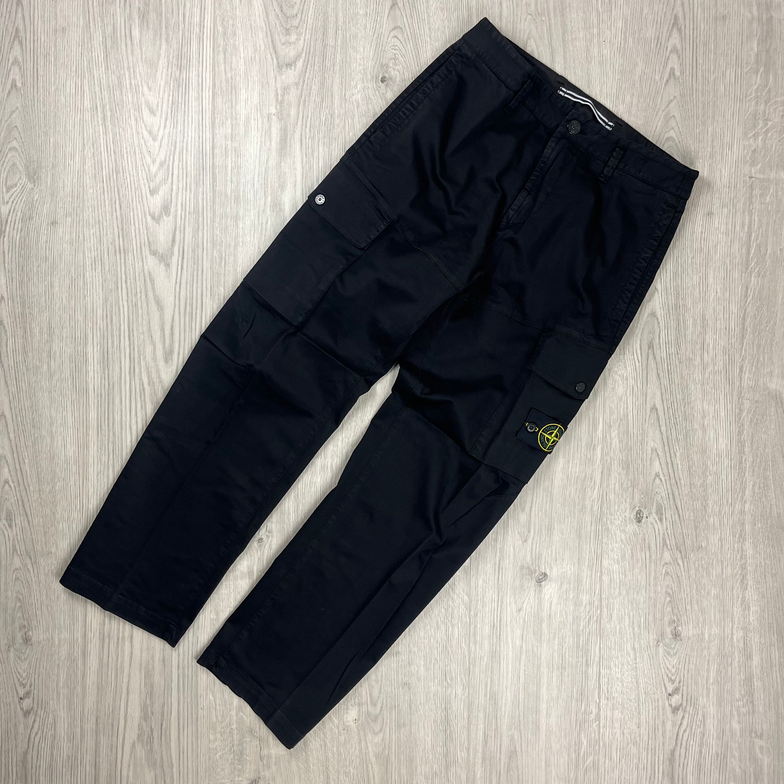 Stone Island Cotton Satin Cargo Trousers in Black. On sale at Open Attire.