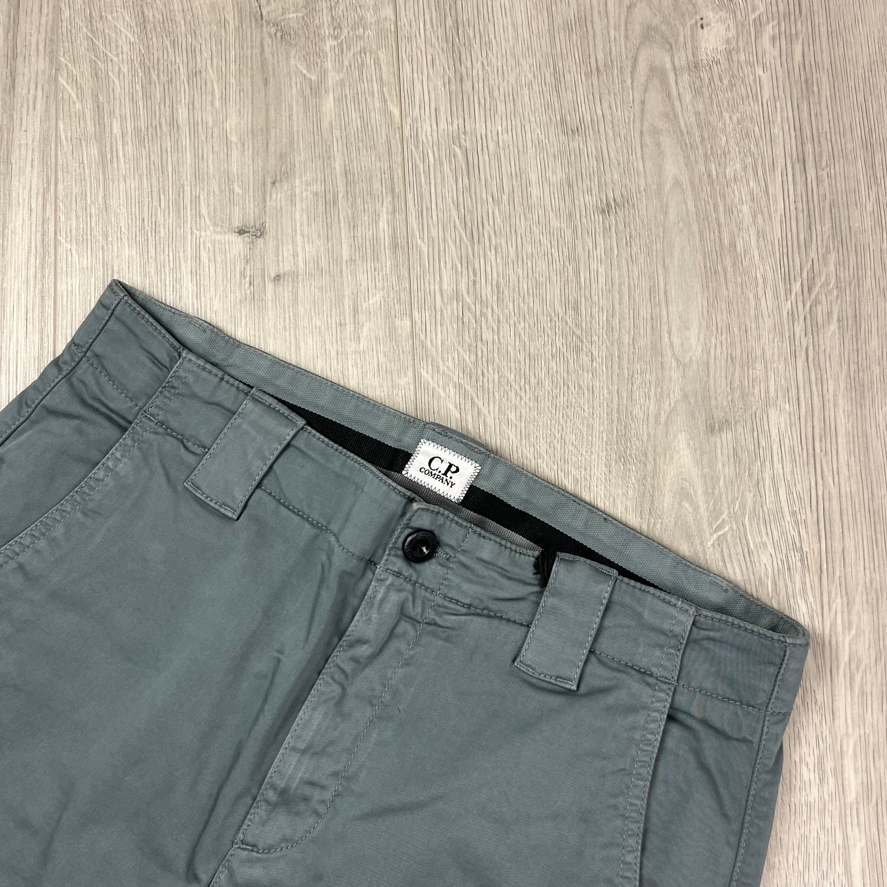 CP Company Gabardine Cargo Shorts in Stormy Weather. On sale at Open Attire.