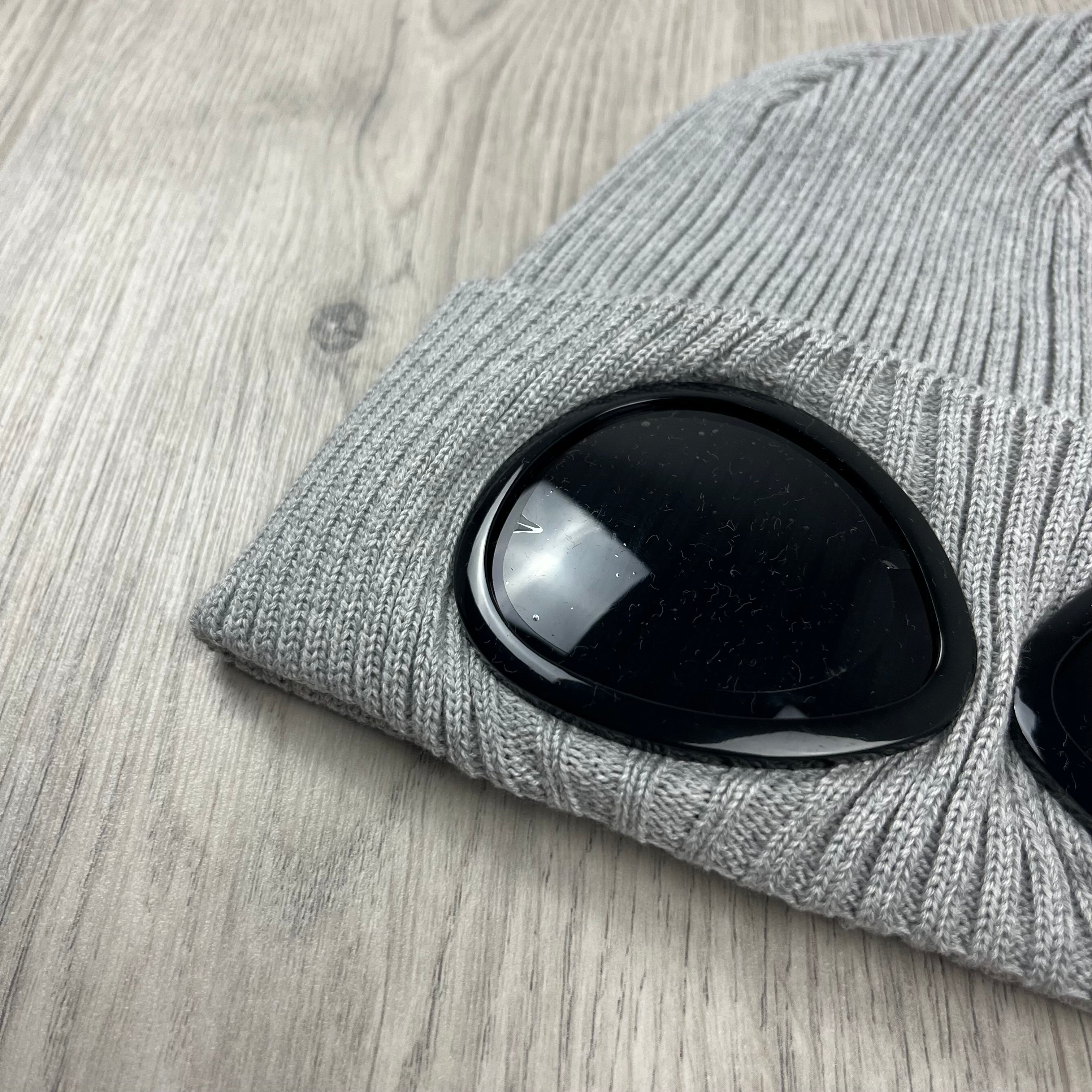 CP Company Cotton Goggle Beanie in Moon Melange. On sale at Open Attire.