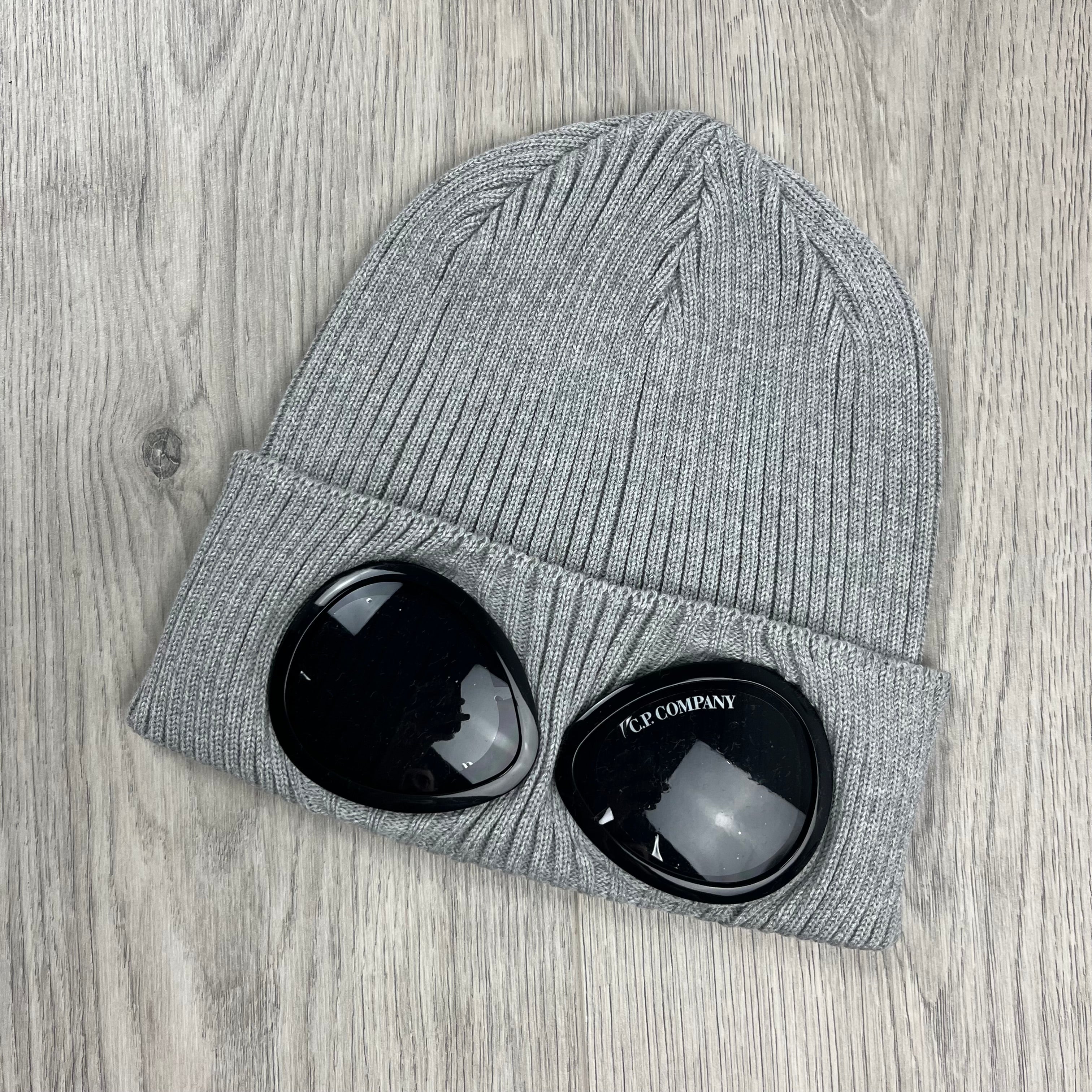 CP Company Cotton Goggle Beanie in Moon Melange. On sale at Open Attire.