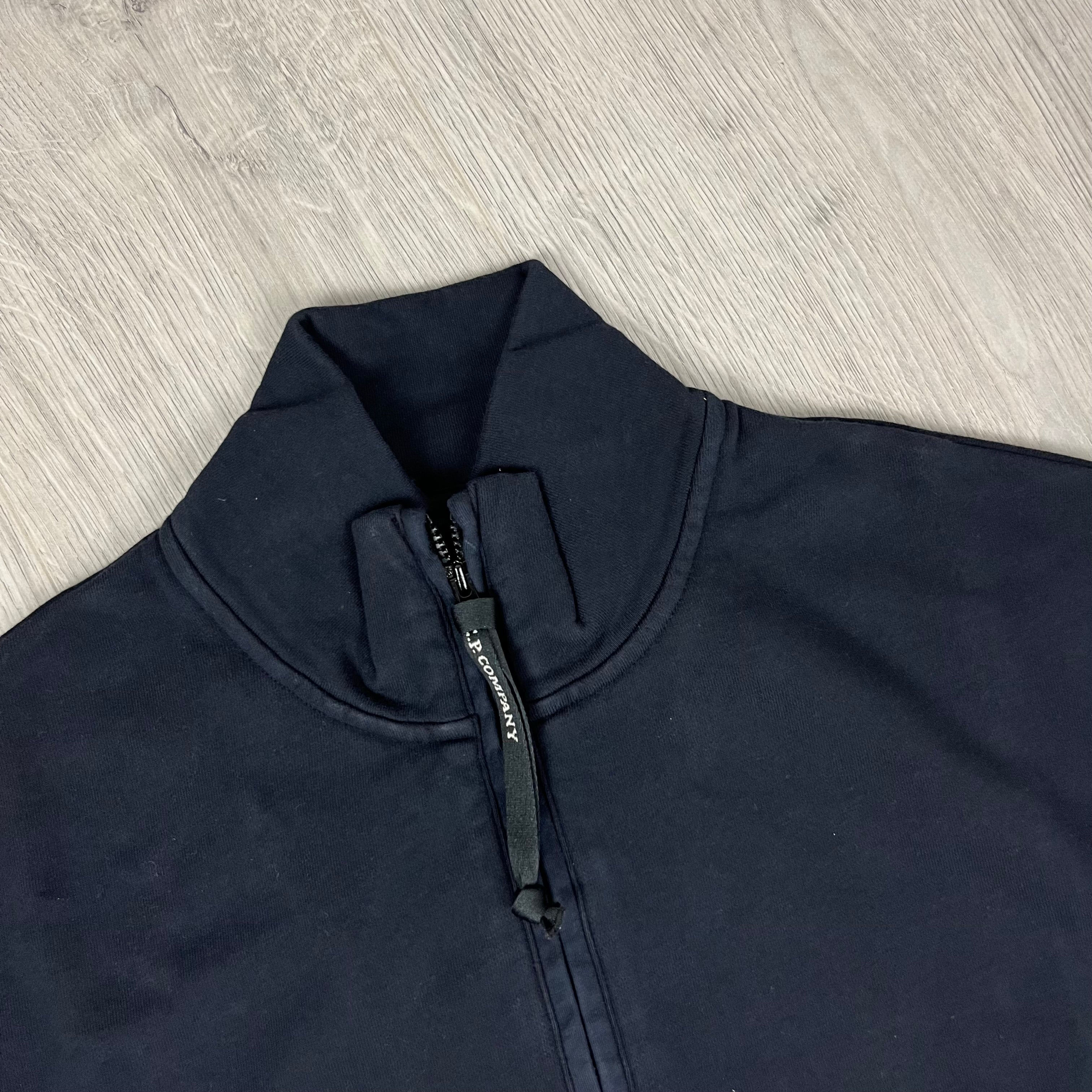 Men's CP Company Raised Fleece Zip Sweatshirt in Total Eclipse Navy Blue. On sale at Open Attire.