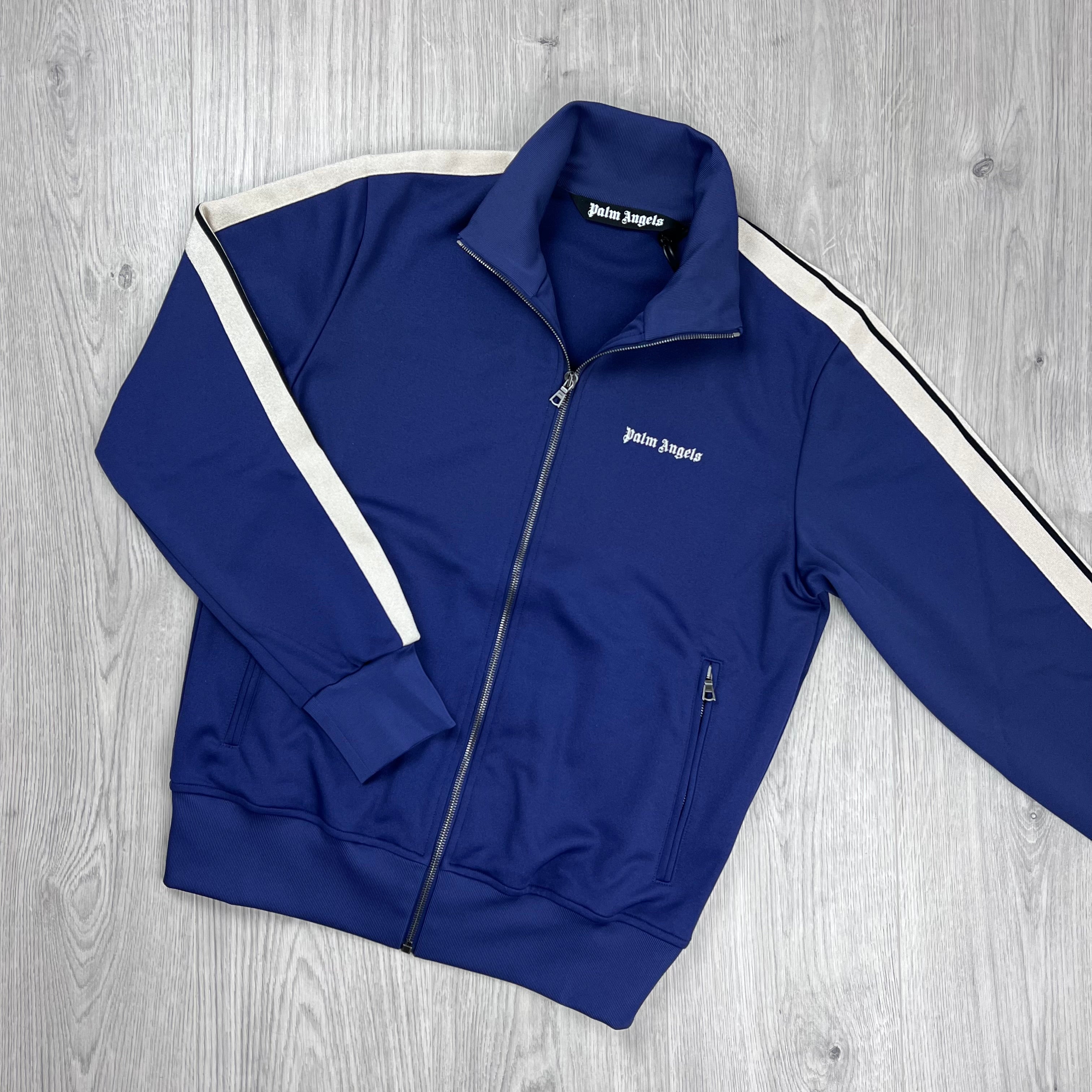 Palm Angels Embroidered Track Jacket in Navy Blue. On sale at Open Attire.