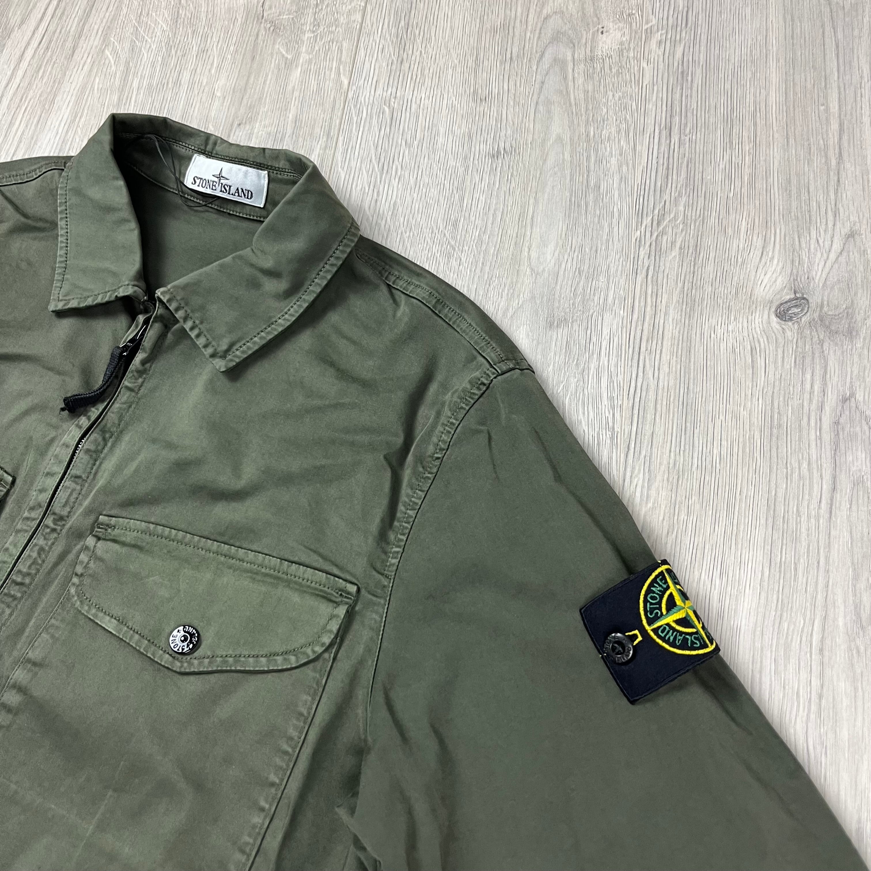 Stone Island Stretch Cotton Satin Overshirt in Military Green. On sale at Open Attire.