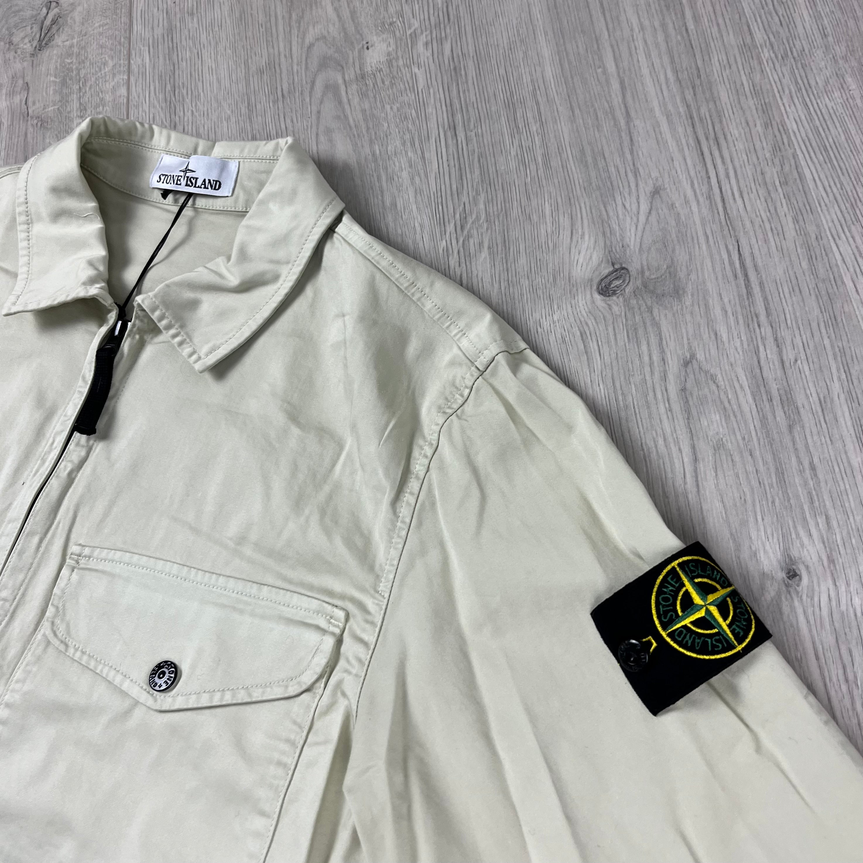 Stone Island Stretch Cotton Satin Overshirt in Sand Beige. On sale at Open Attire.