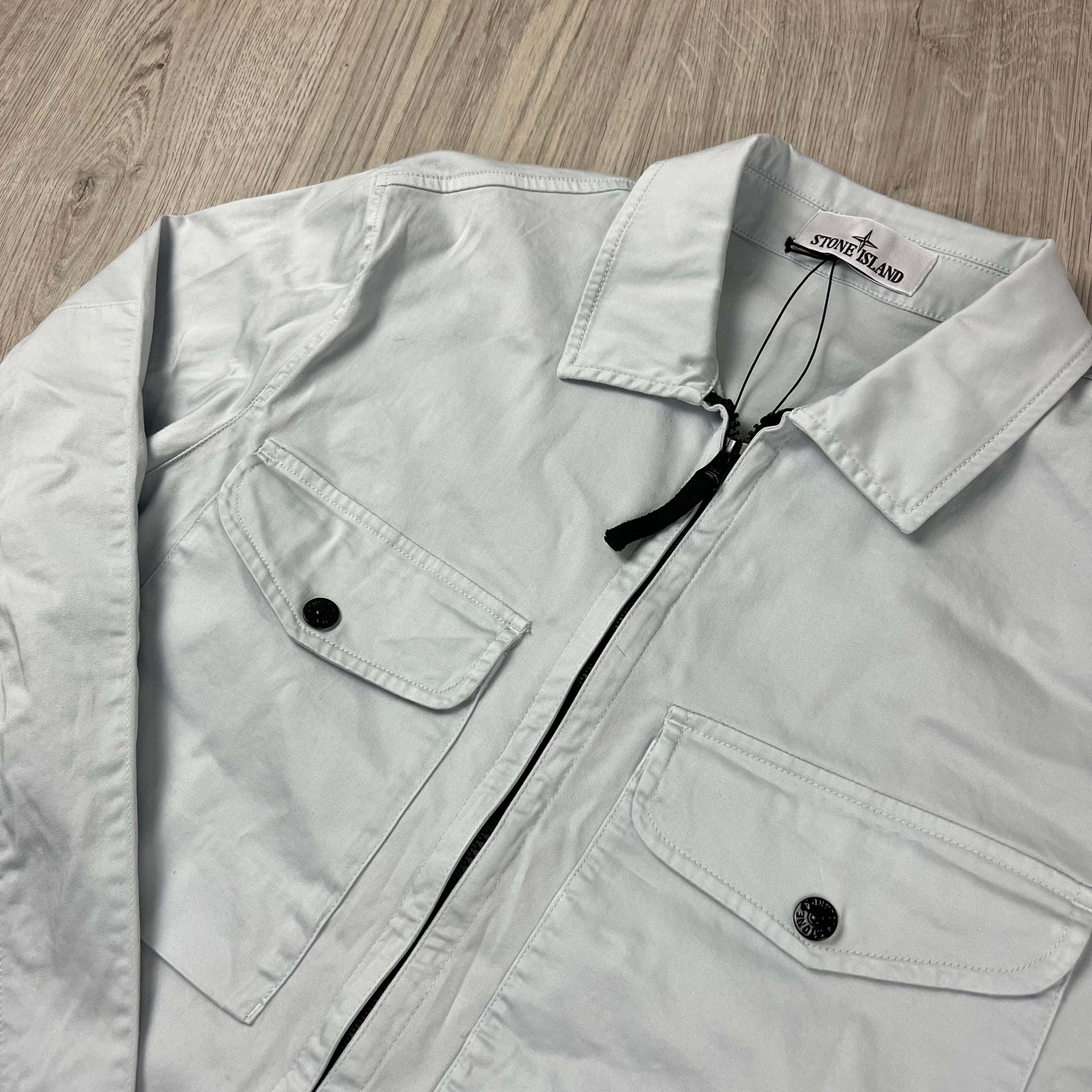 Stone Island Stretch Cotton Satin Overshirt in Sky Blue. On sale at Open Attire.