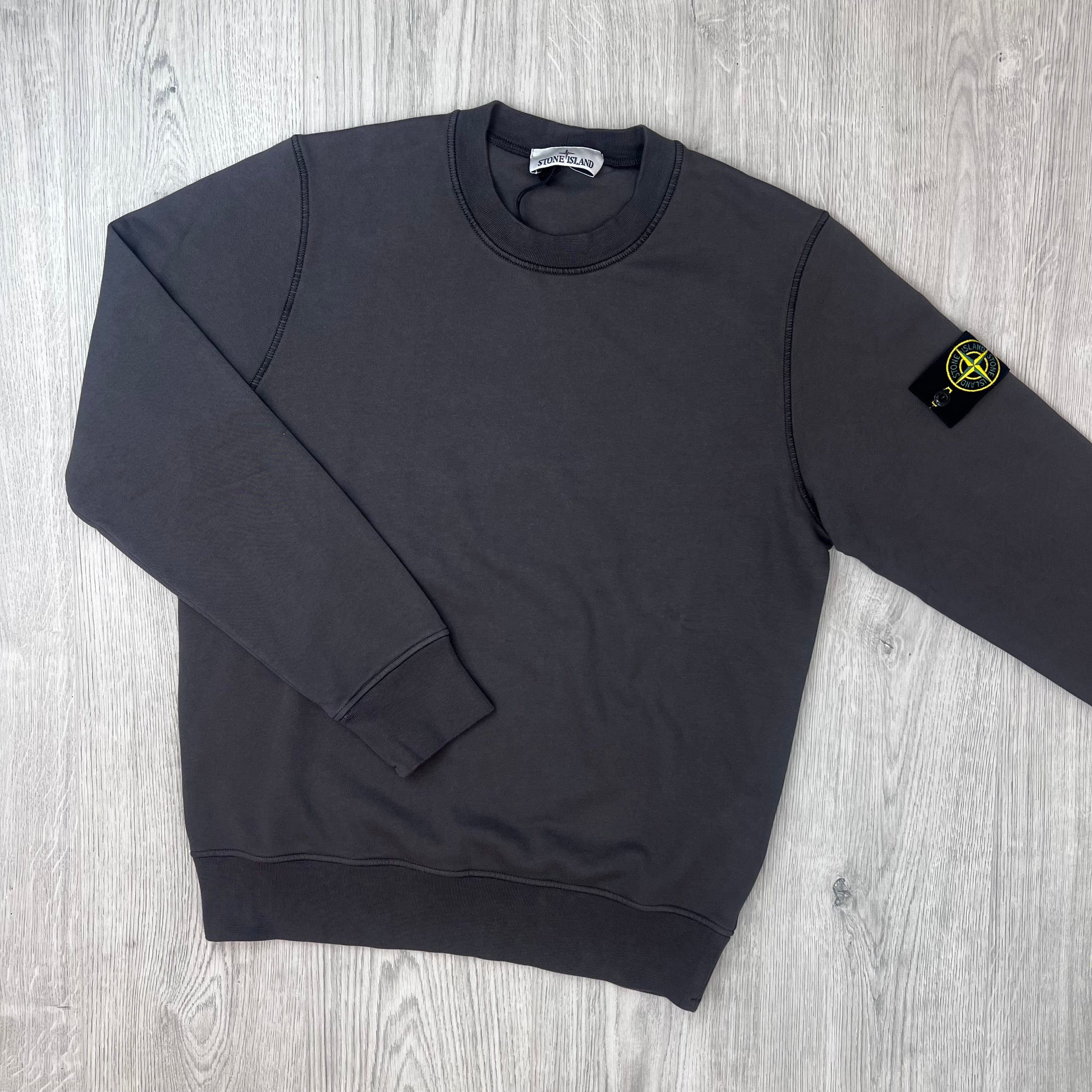 Front view of the Stone Island Crewneck Sweatshirt in Charcoal Grey.