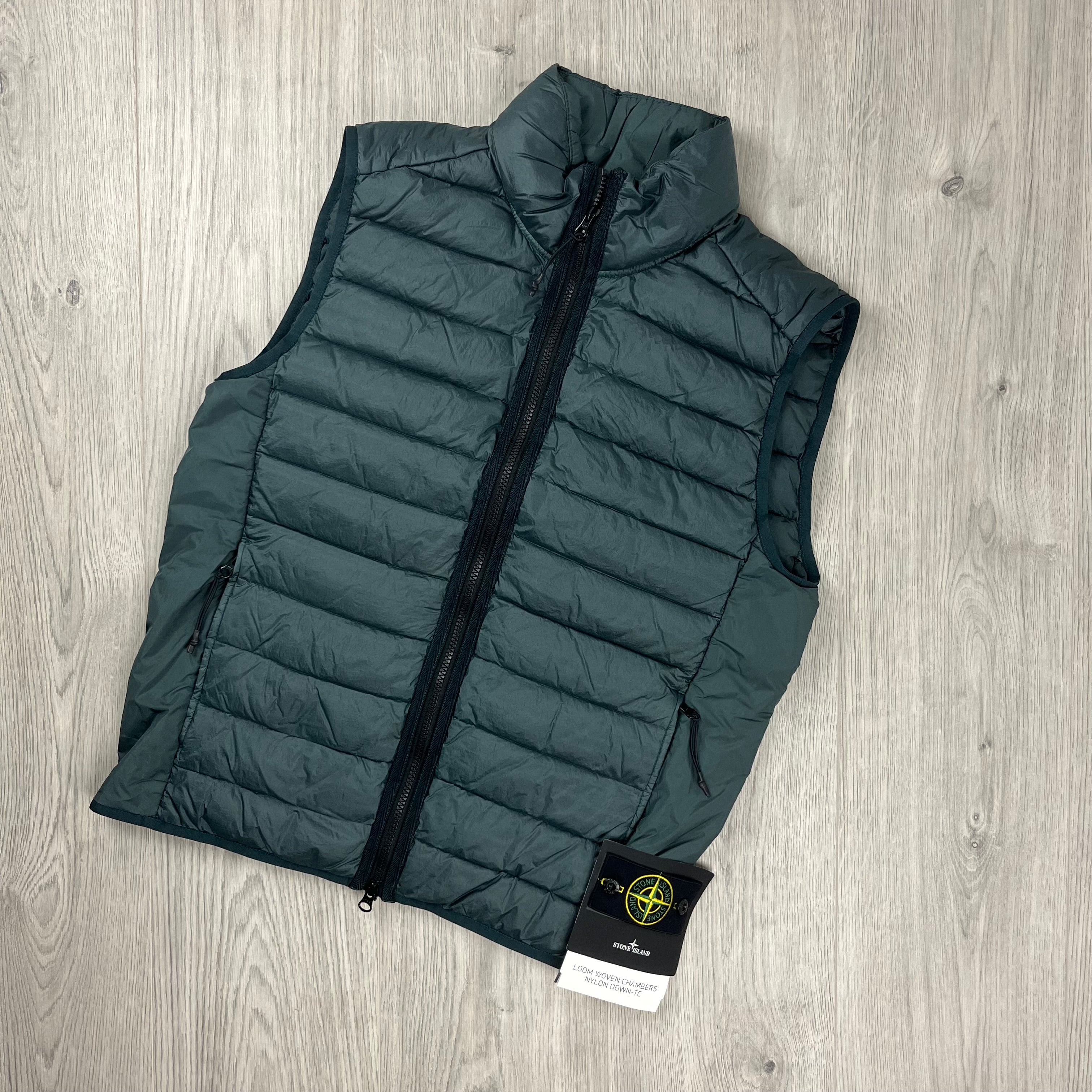 Stone Island Loom Woven Down Gilet in Bottle Green. On sale at Open Attire.