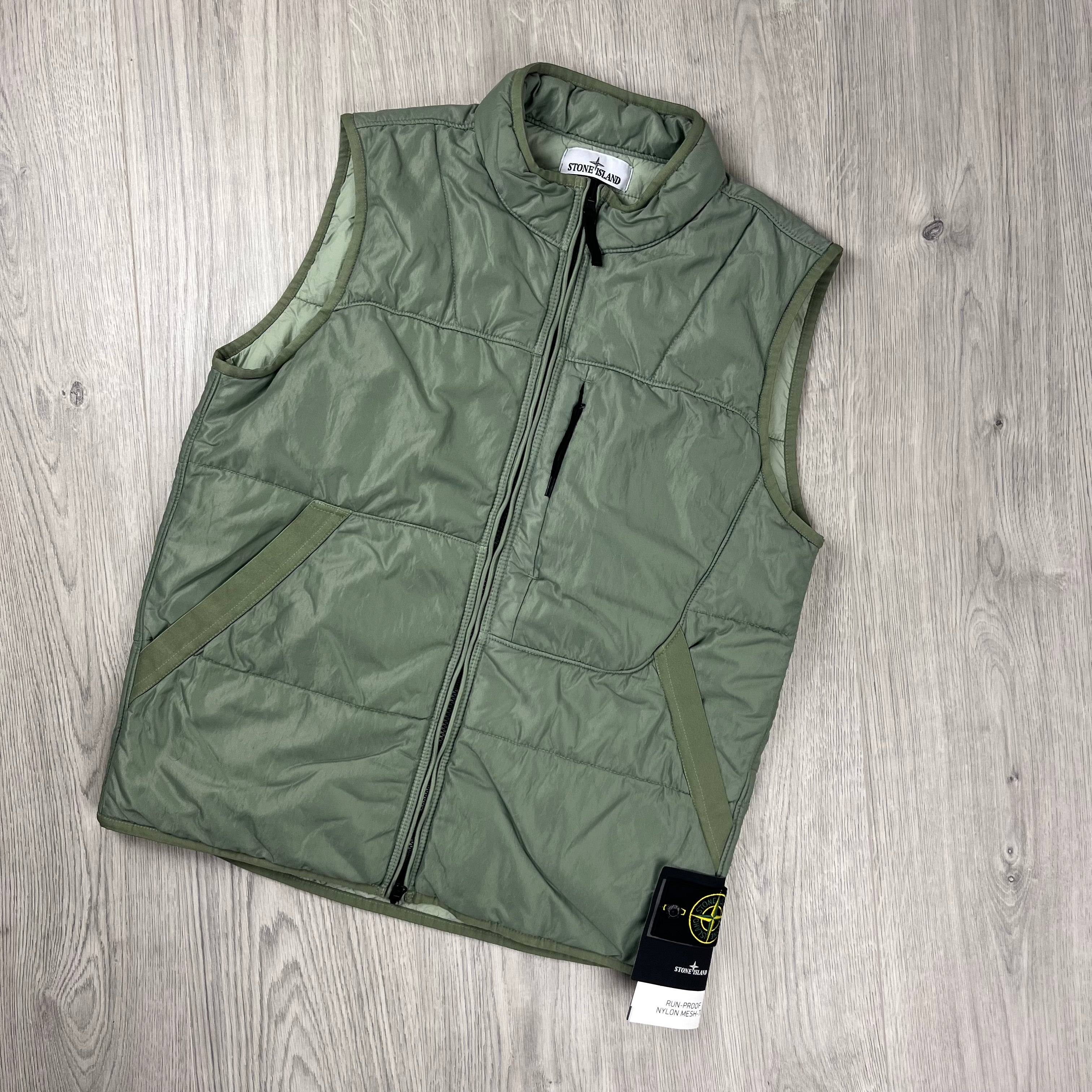 Stone Island Run-Proof Nylon Mesh-TC Gilet in Sage Green. On sale at Open Attire.