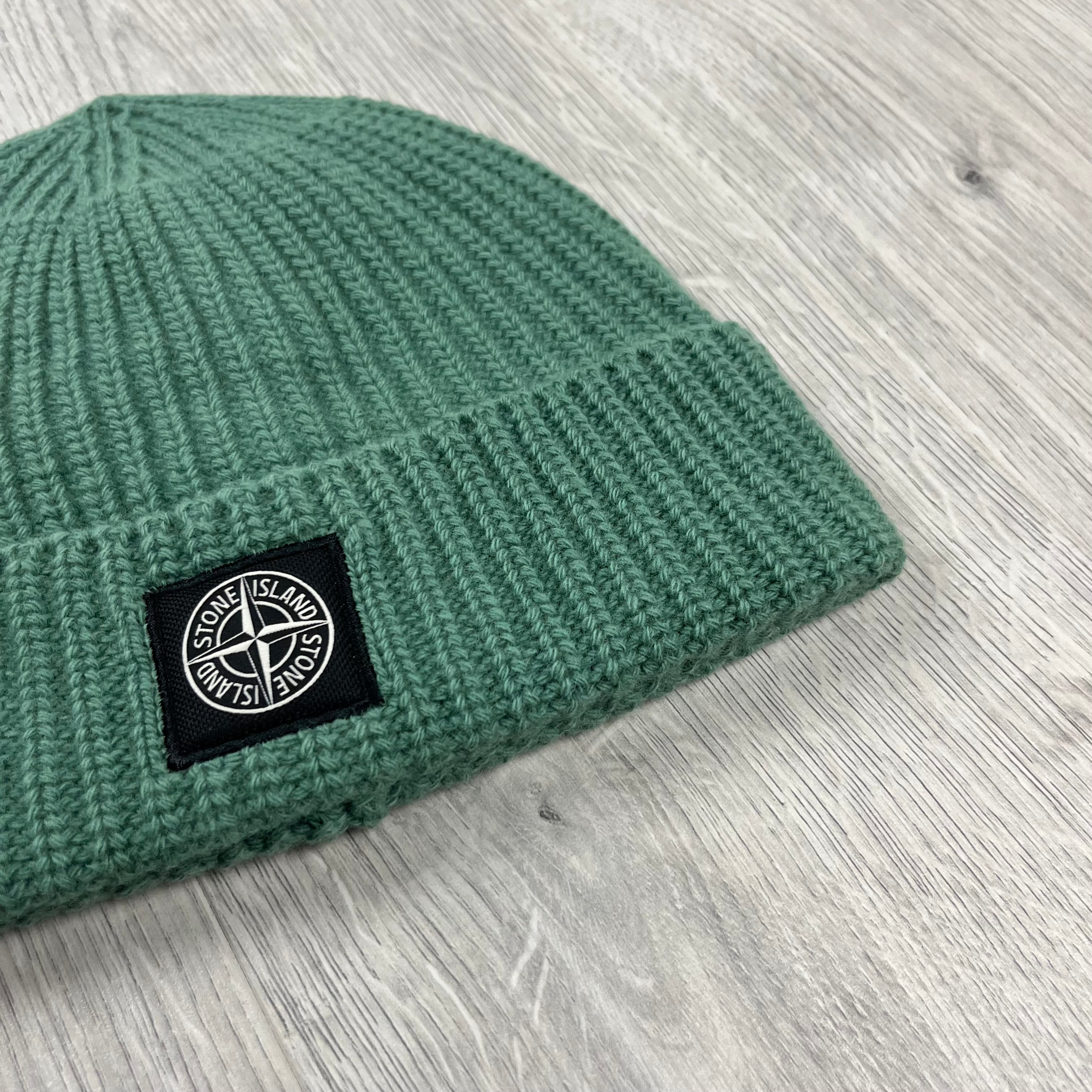 Stone Island Wool Beanie in Sage Green. On sale at Open Attire.