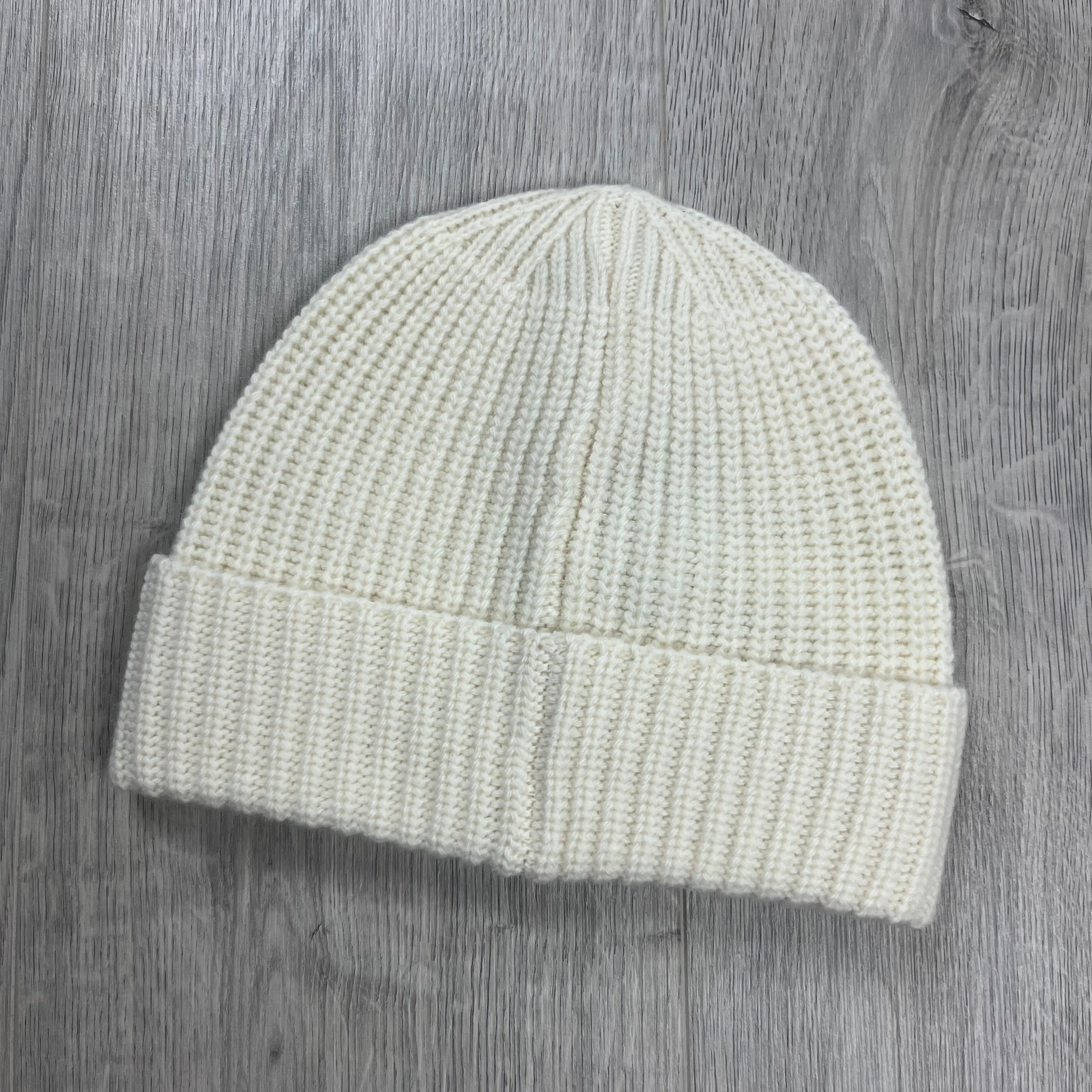 Stone Island Wool Beanie in Natural White. On sale at Open Attire.