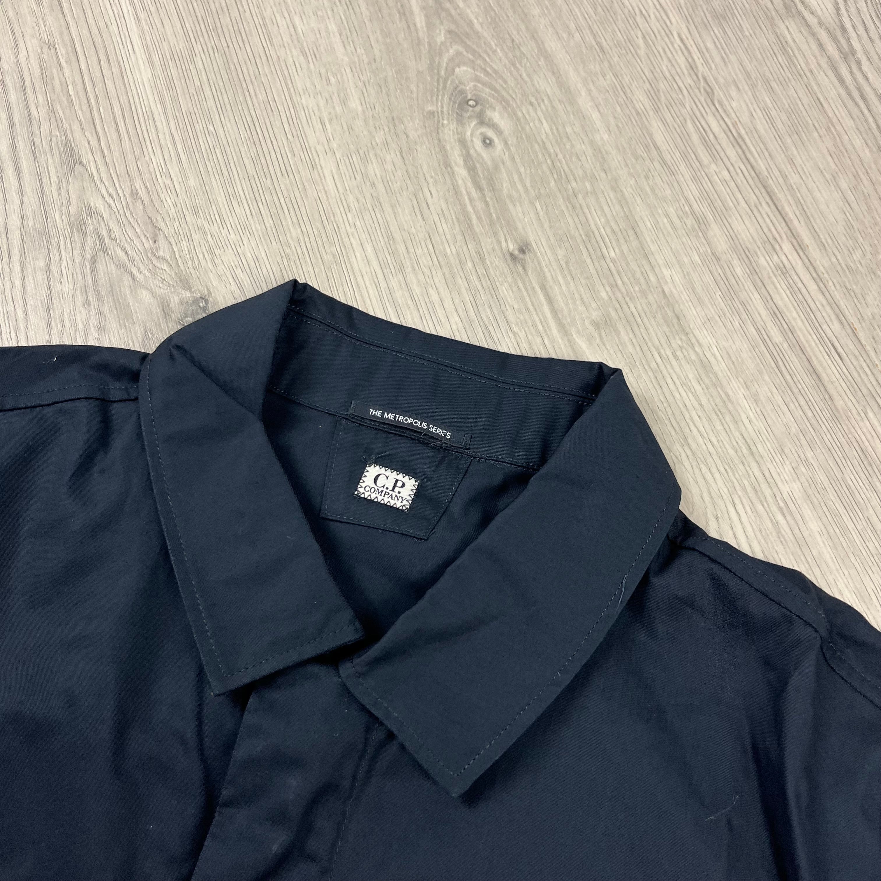 CP Company Metropolis Overshirt in Total Eclipse Navy Blue. On sale at Open Attire. 