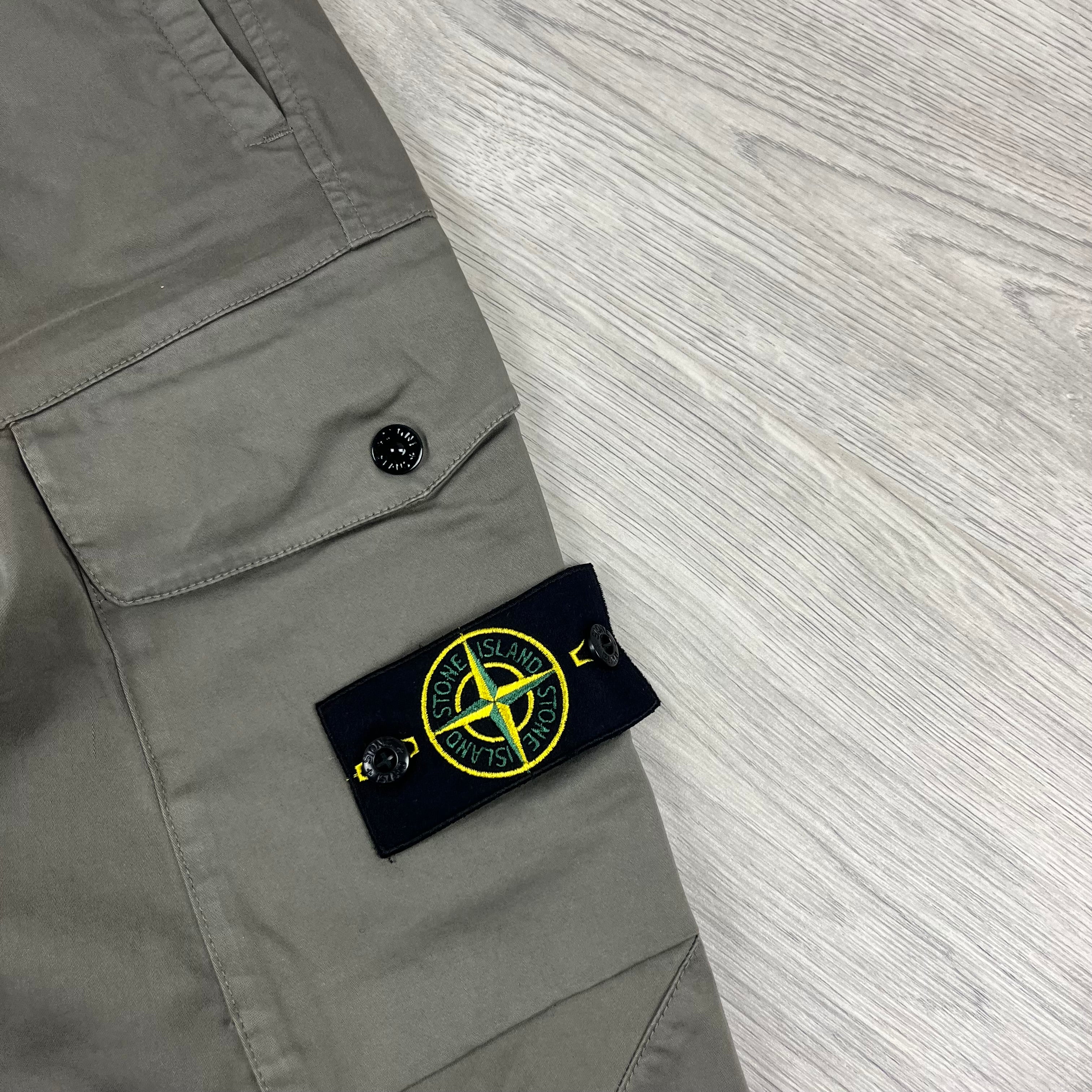 Stone Island Cotton Satin Cargo Trousers in Walnut Brown. On sale at Open Attire