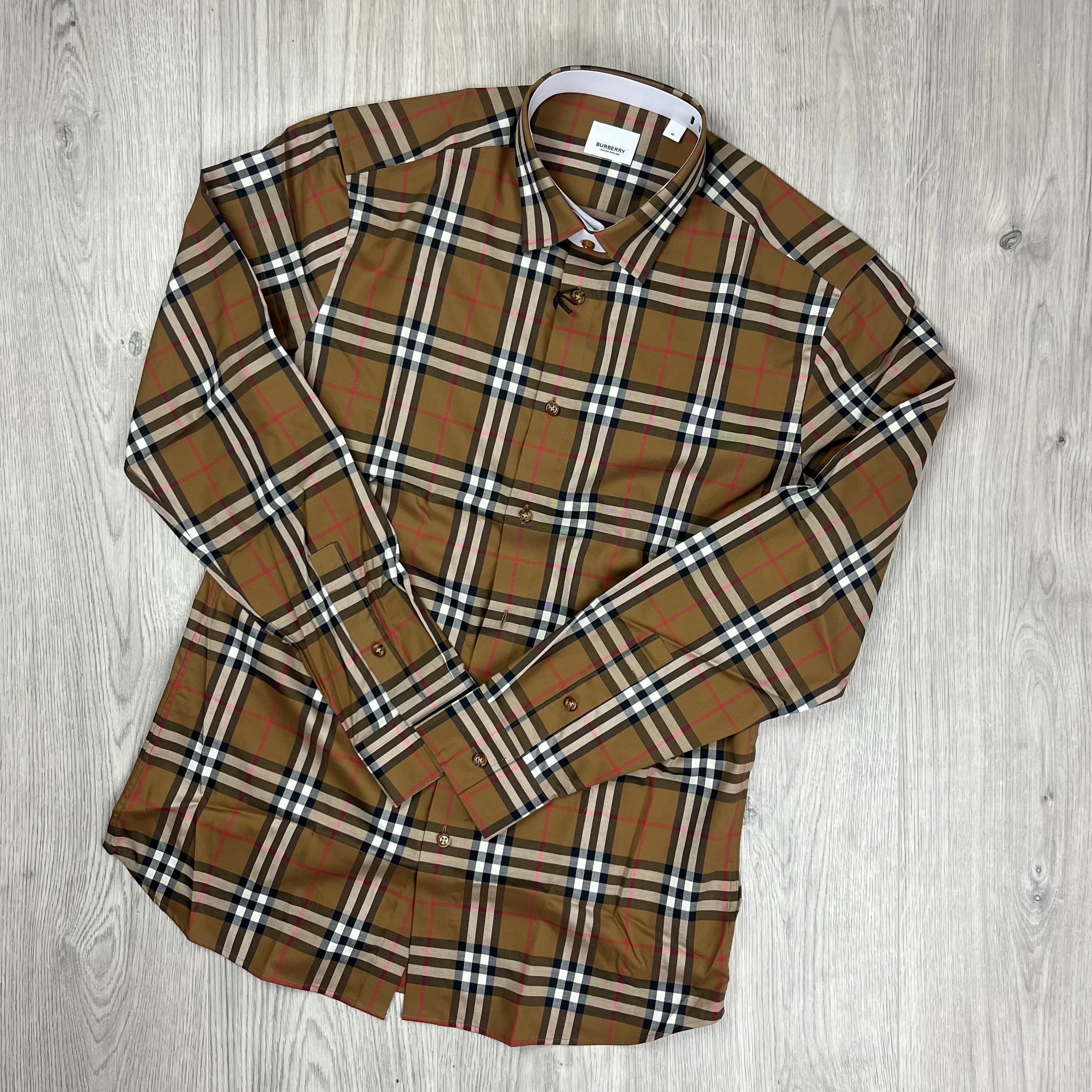 Burberry Shefford Shirt in Taupe Brown. On sale at Open Attire.