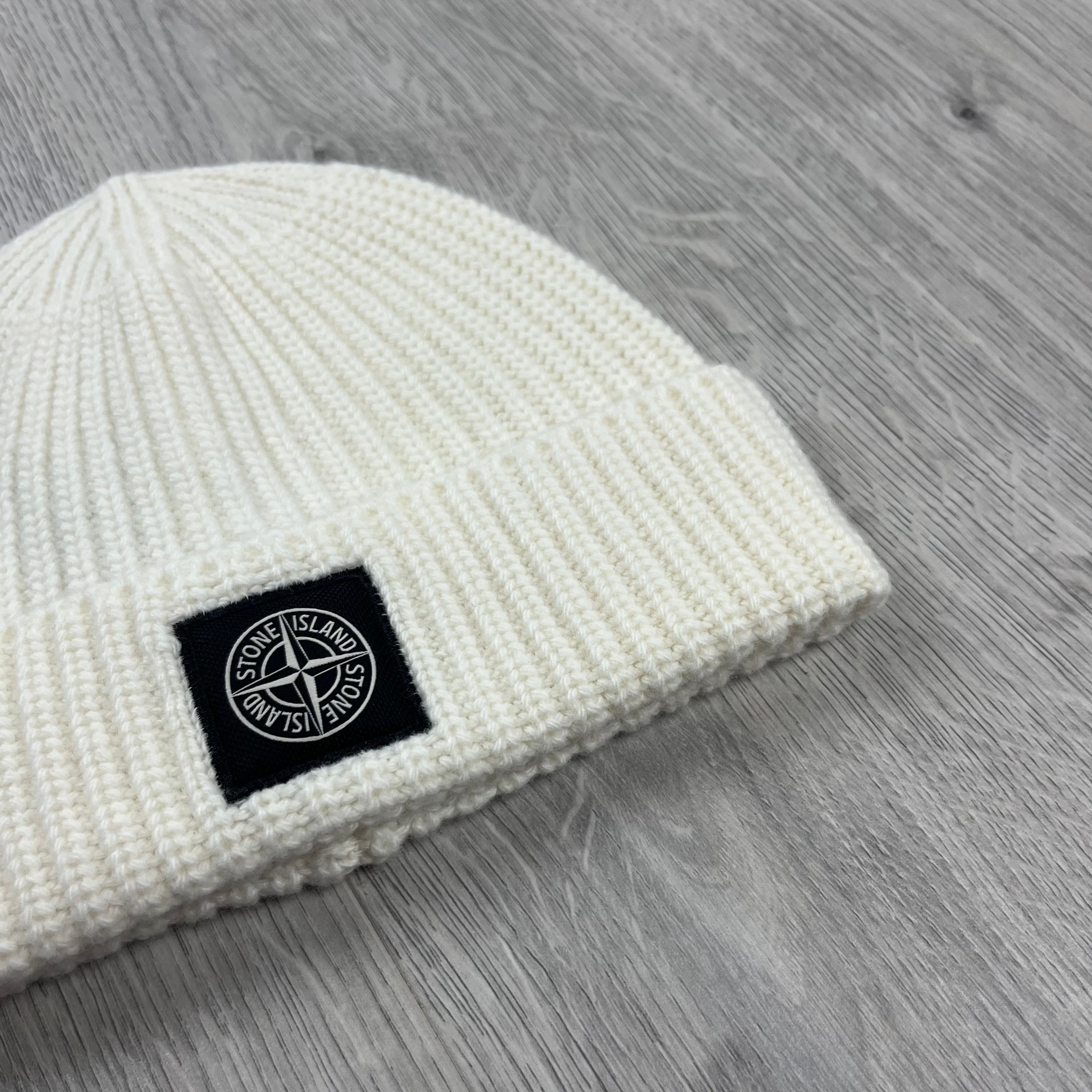 Stone Island Wool Beanie in Natural White. On sale at Open Attire.