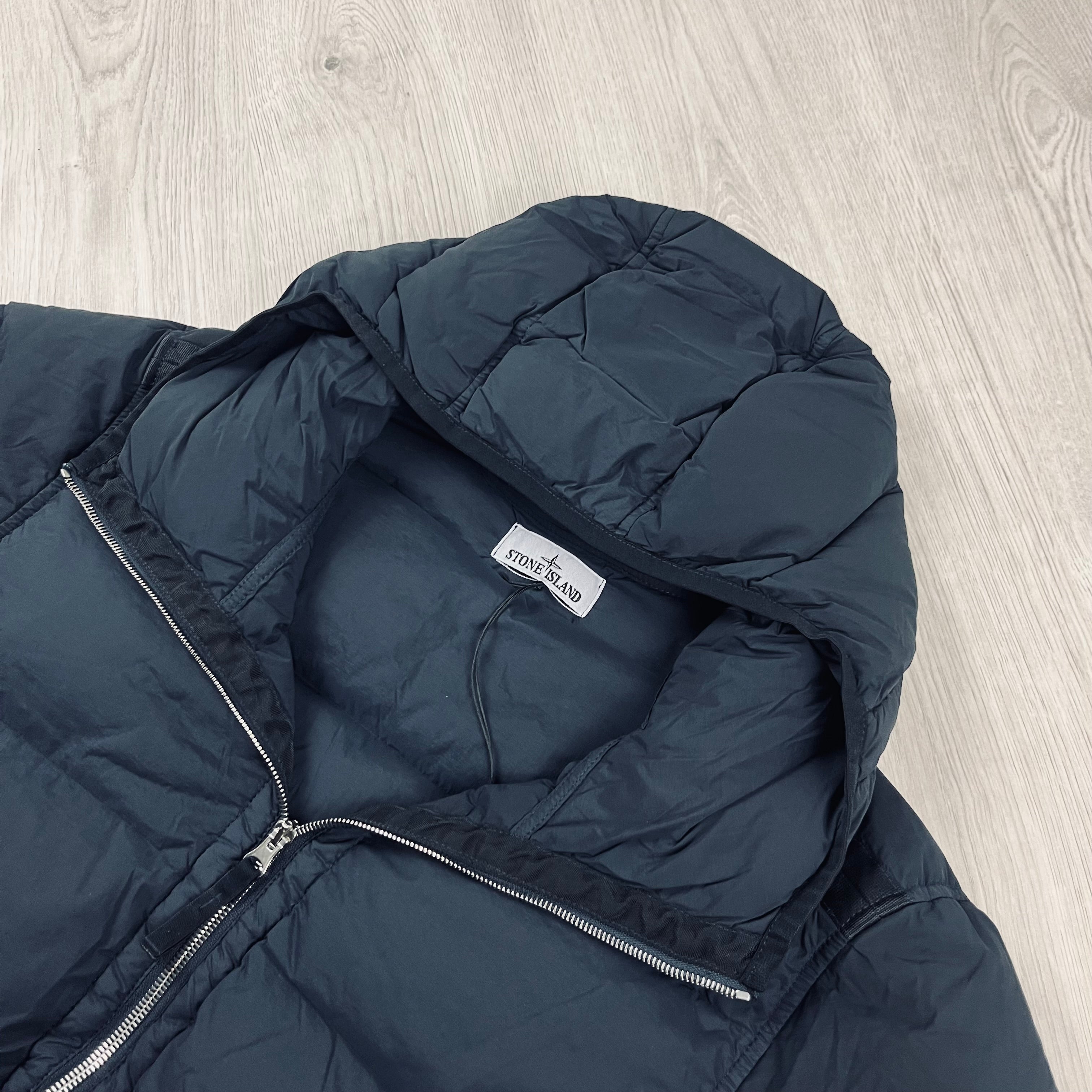 Stone Island Seamless Down-TC Coat in Navy Blue. On sale at Open Attire.