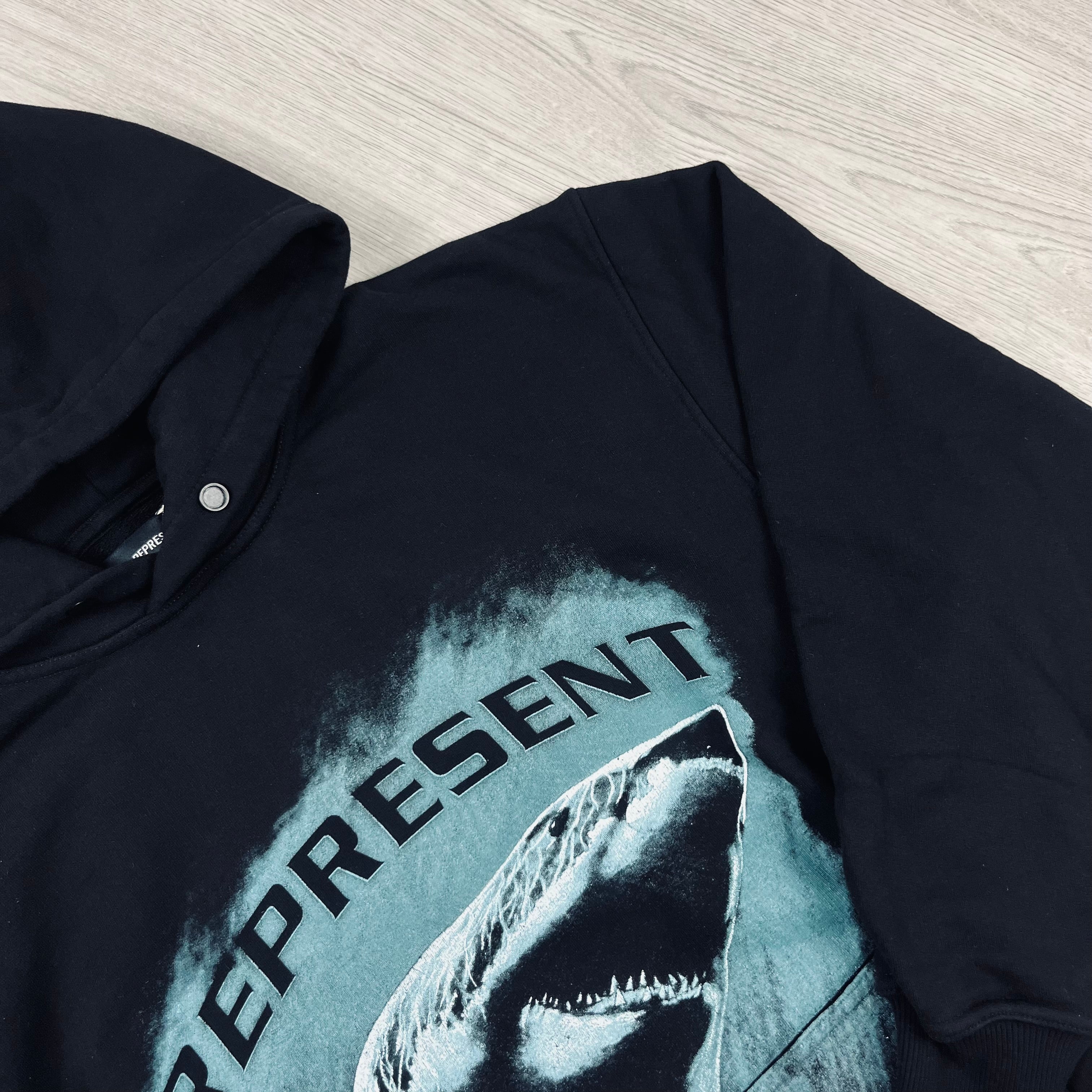 Represent shark print hoodie in black. On sale at Open Attire.