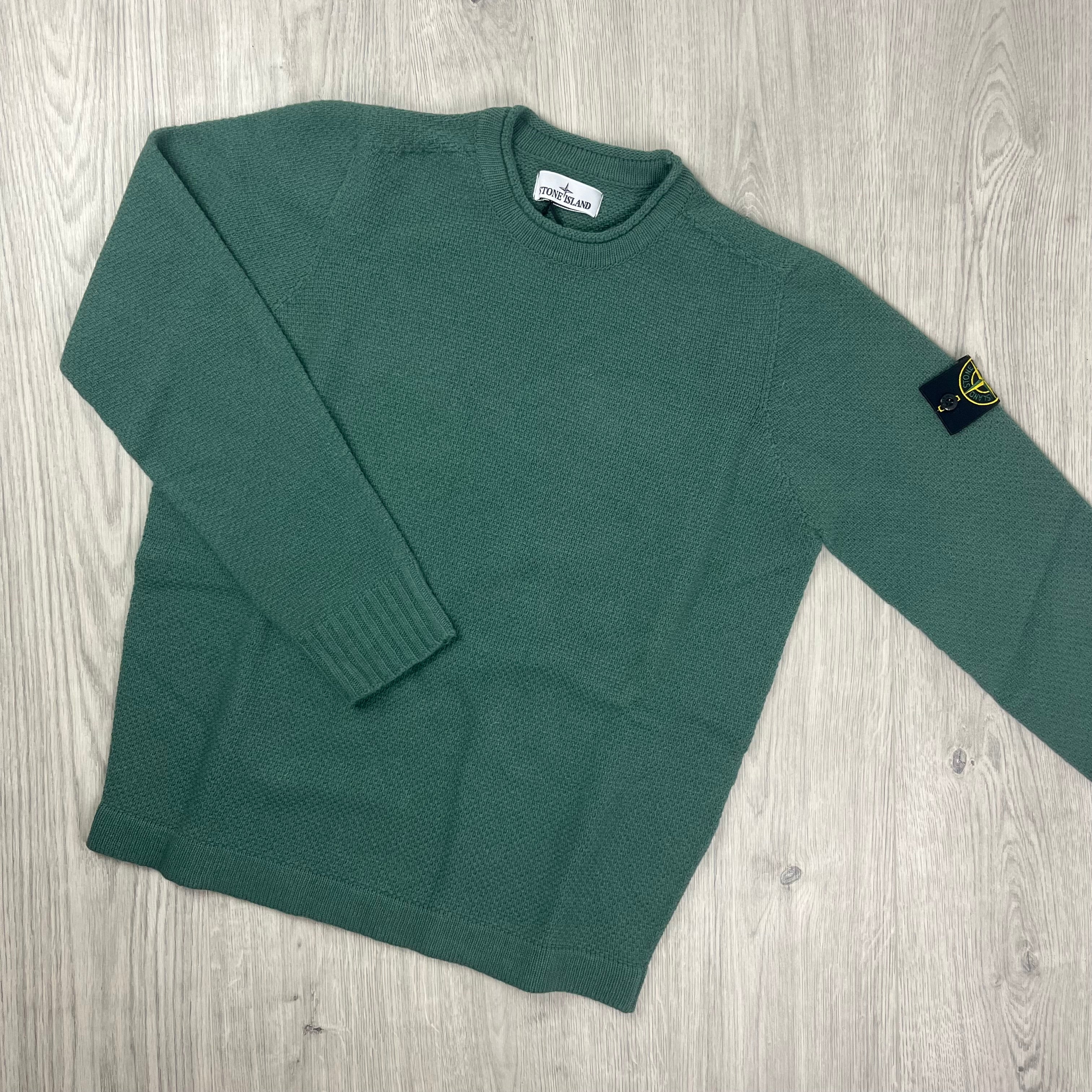 Stone Island lambswool sweatshirt in Sage Green. On sale at Open Attire.