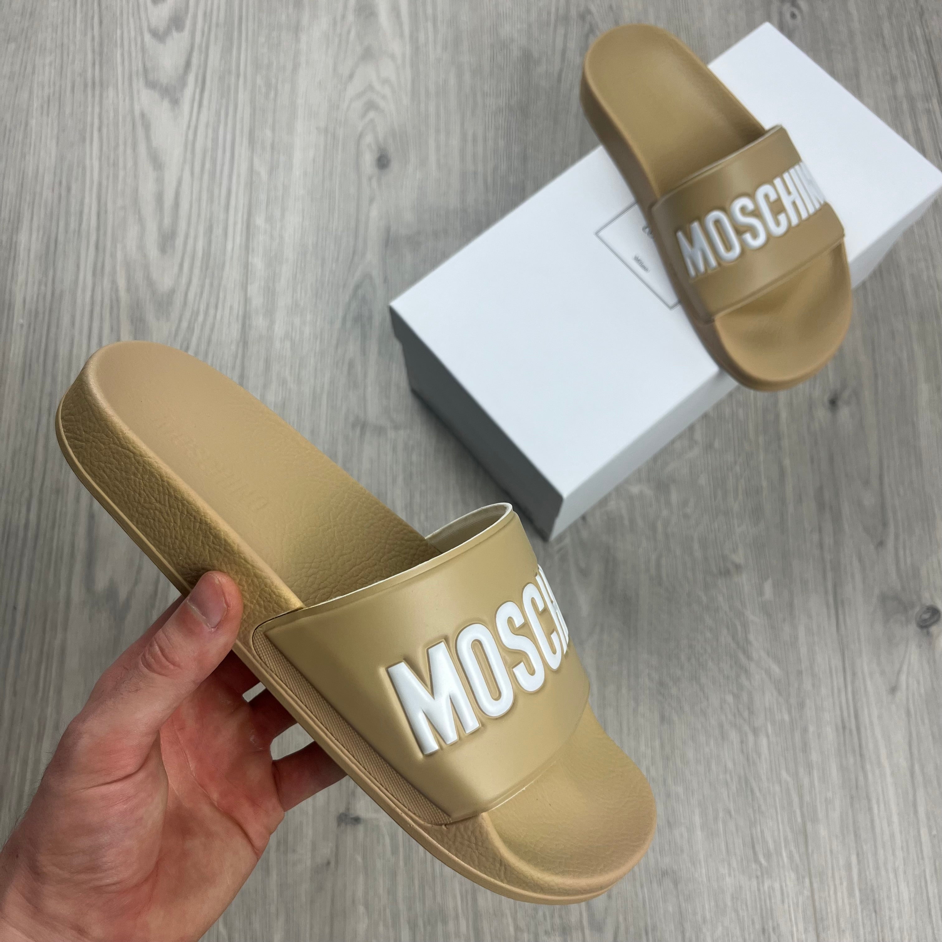 Moschino Logo Slides - Beige