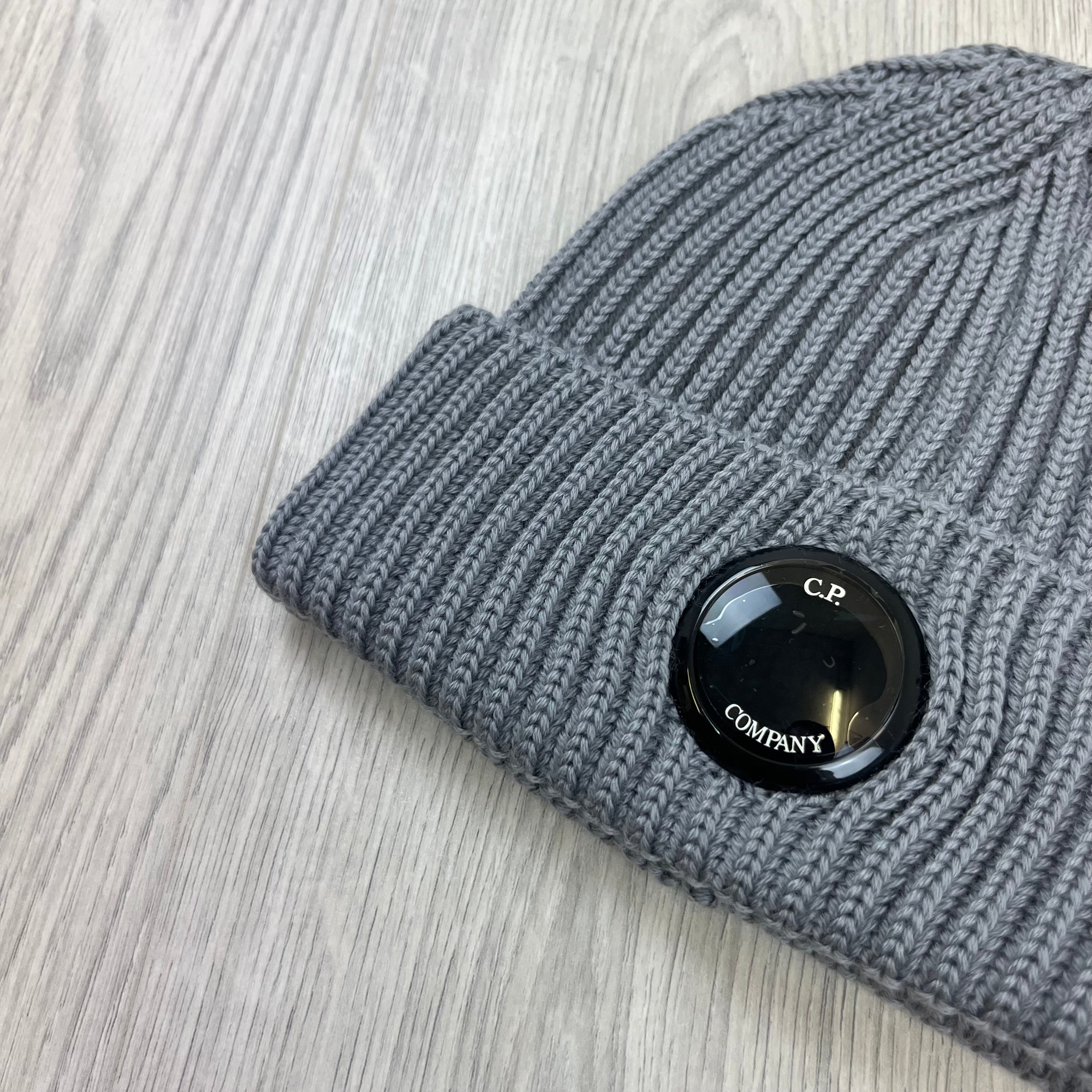 CP Company Merino Wool Lens Beanie in Griffin Grey. On sale at Open Attire.