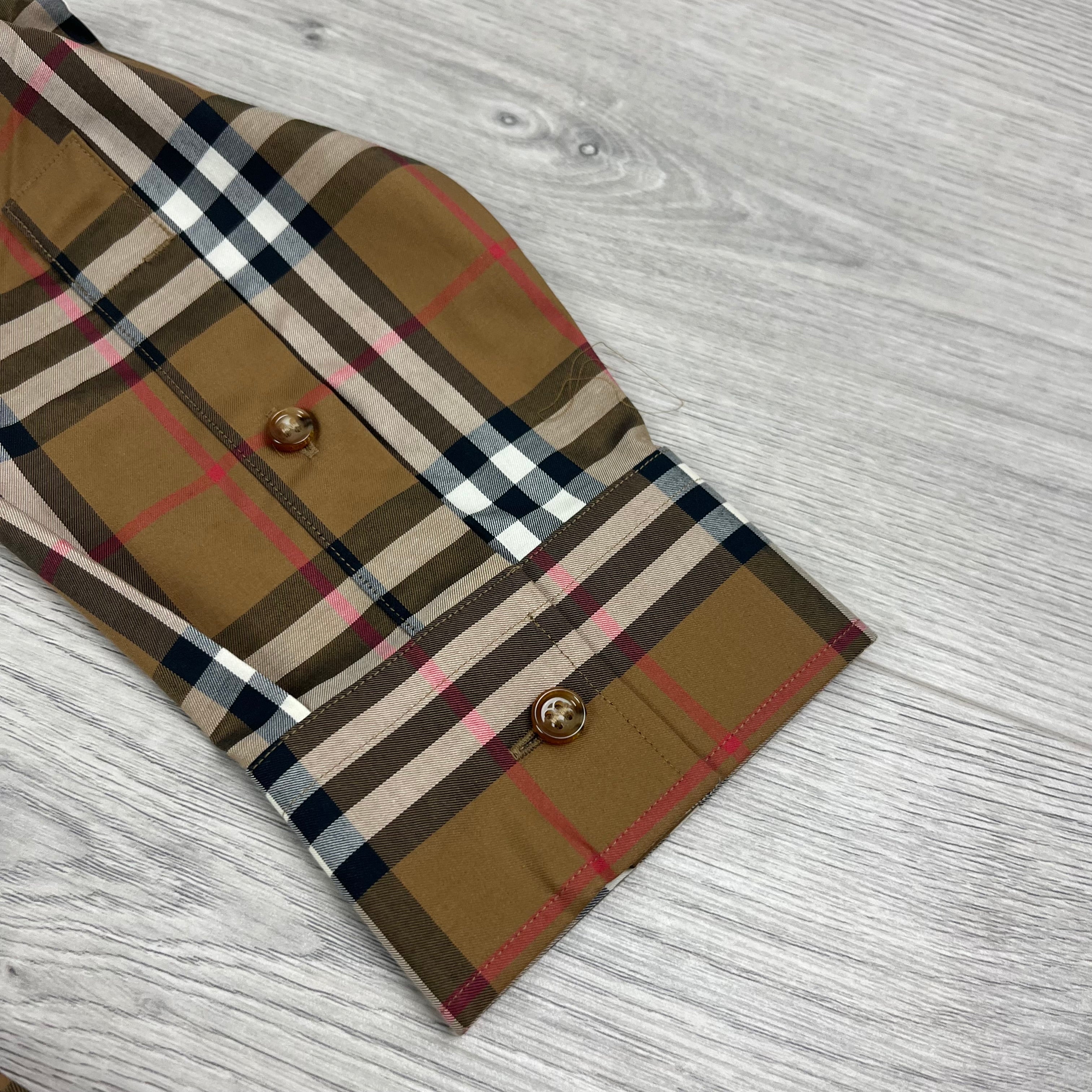 Burberry Shefford Shirt in Taupe Brown. On sale at Open Attire.