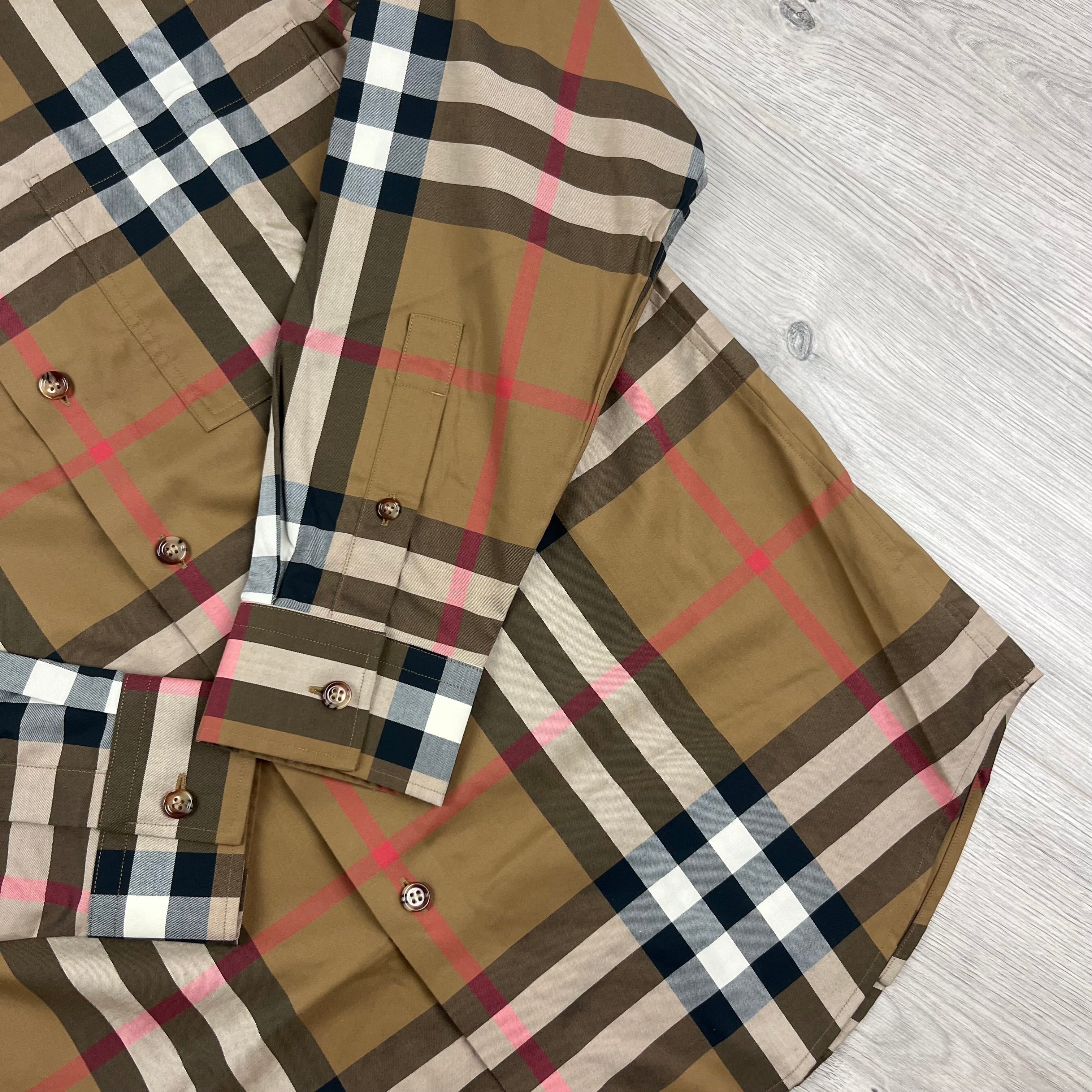 Burberry Claverdon Shirt in Taupe Brown. On sale at Open Attire.