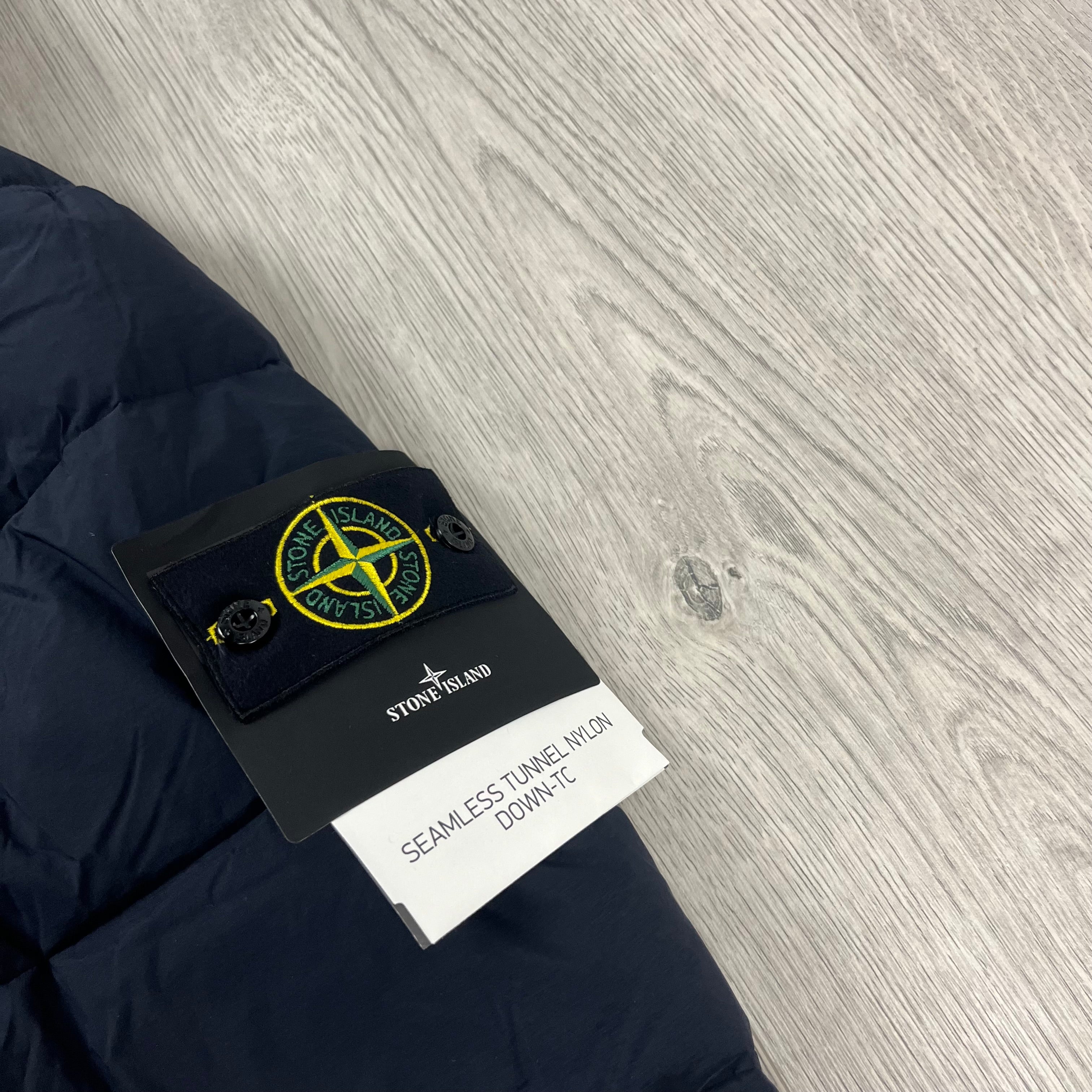 Stone Island Seamless Down-TC Coat in Navy Blue. On sale at Open Attire.