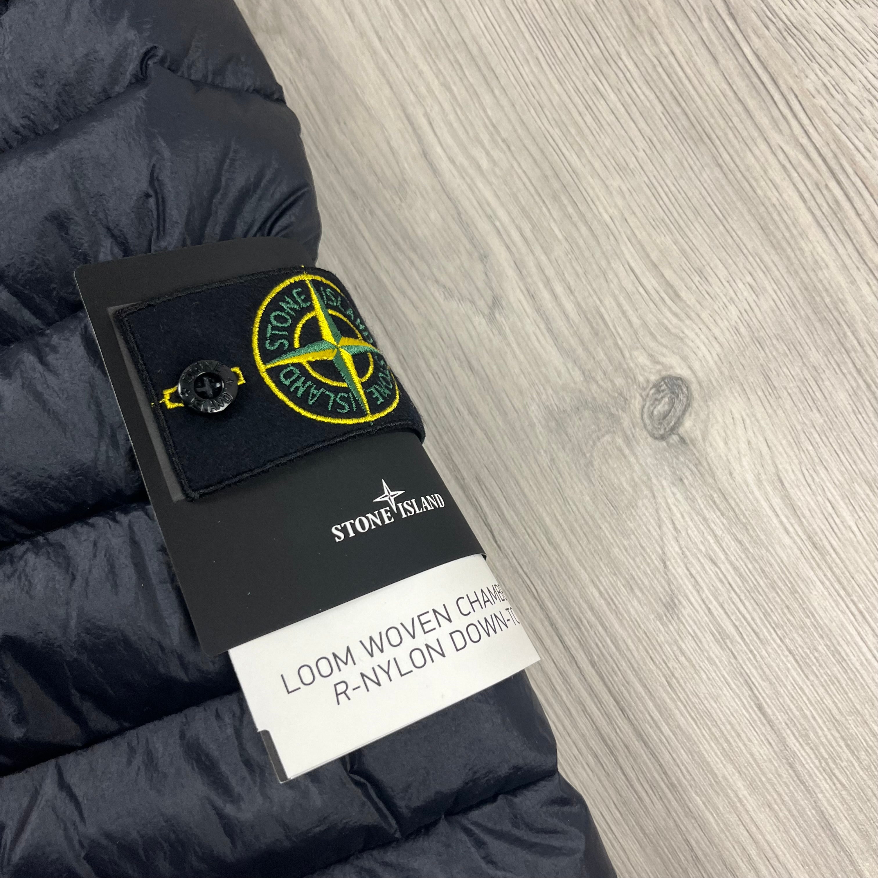 Stone Island Loom Woven Nylon Down-TC Jacket in Navy Blue. On sale at Open Attire.