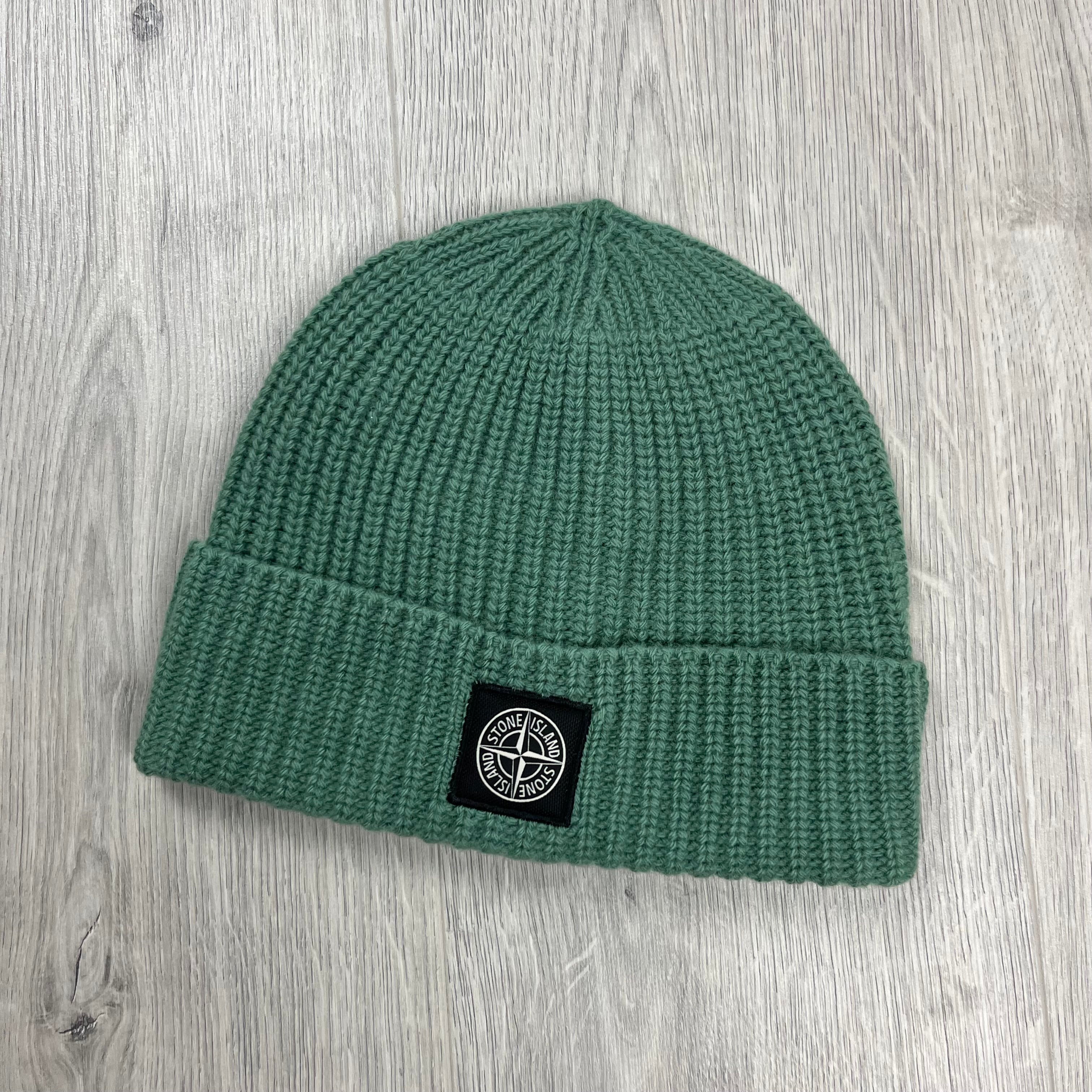 Stone Island Wool Beanie in Sage Green. On sale at Open Attire.