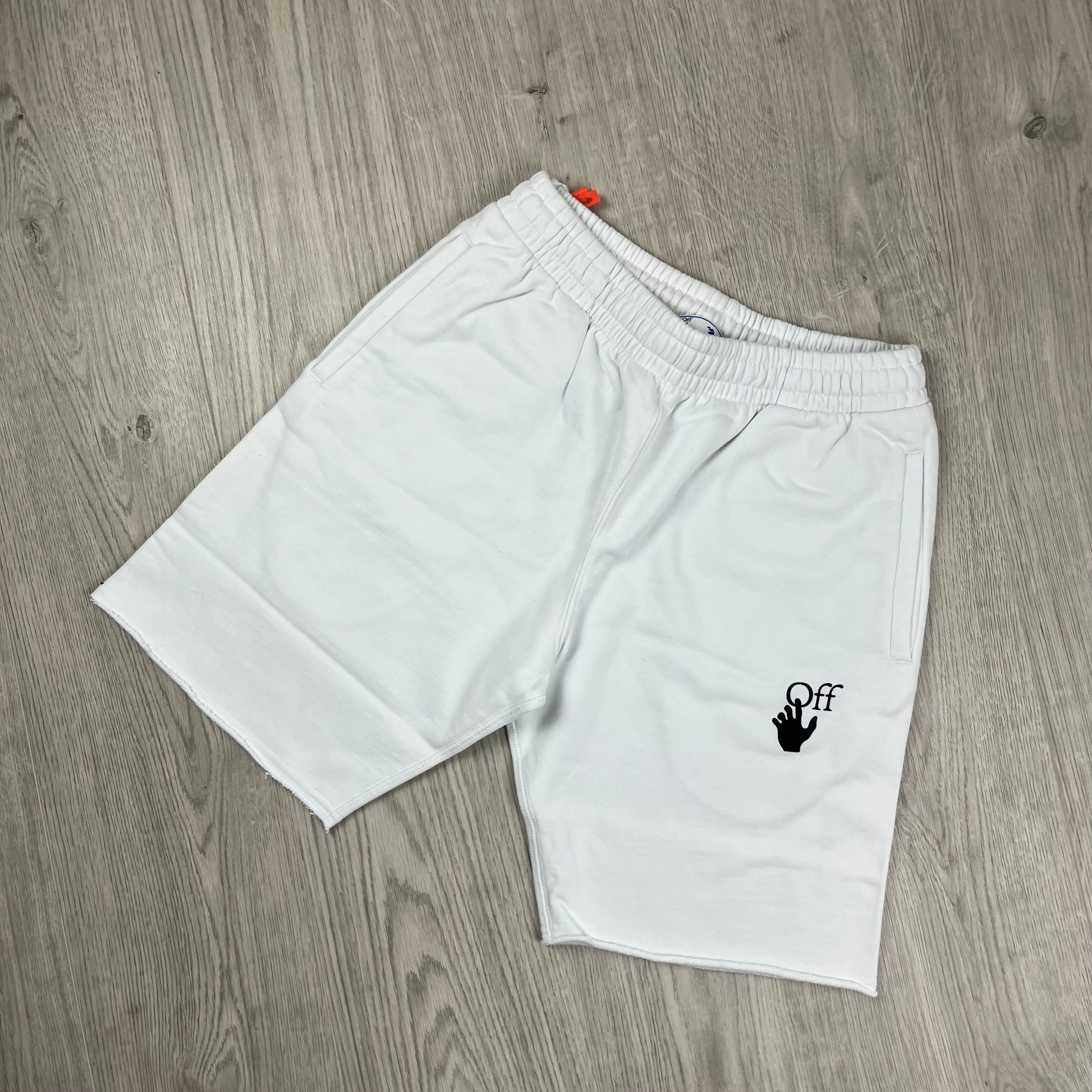 Off-White c/o Virgil Abloh Caravaggio Jersey Shorts in White. On sale at Open Attire.