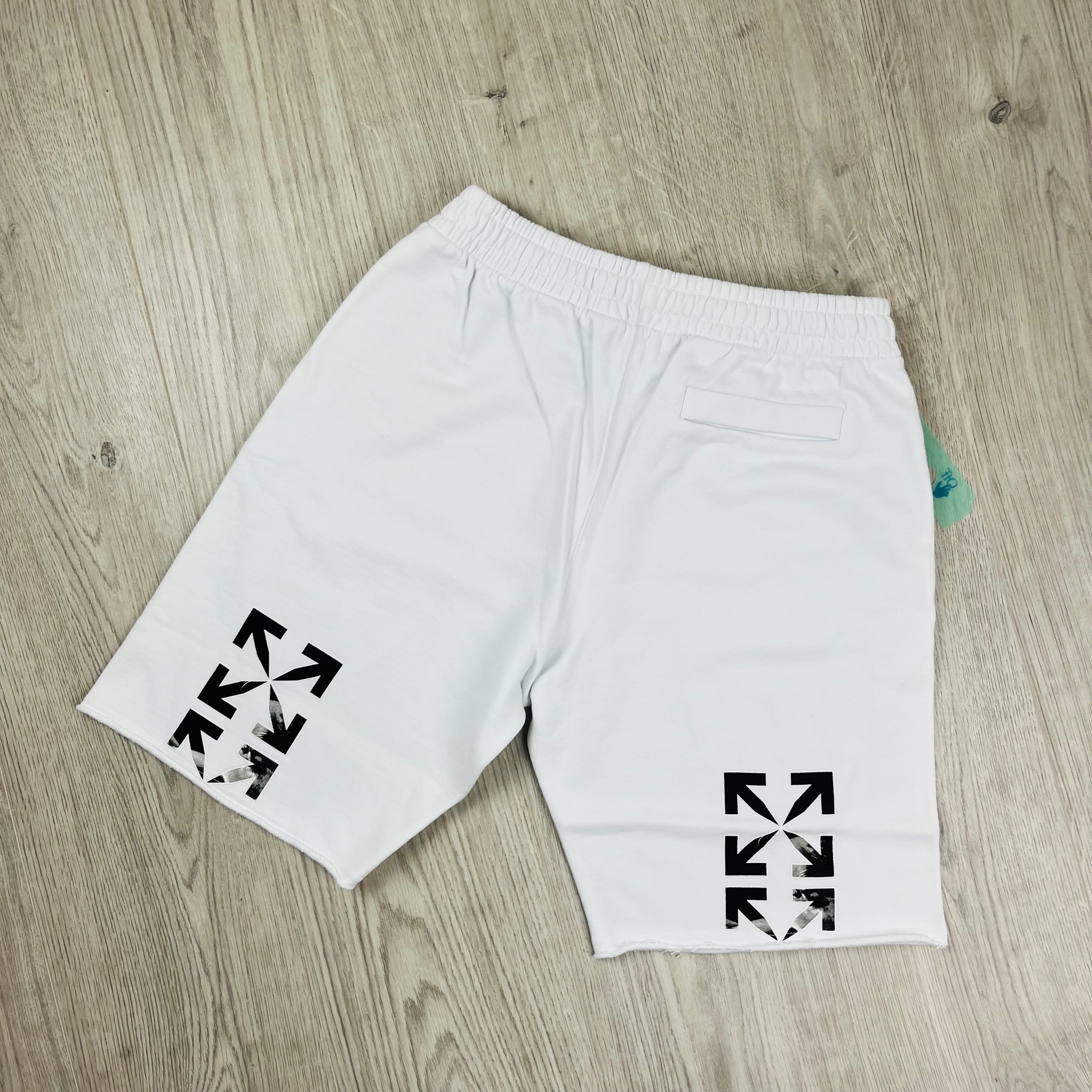 Off-White c/o Virgil Abloh Caravaggio Jersey Shorts in White. On sale at Open Attire.