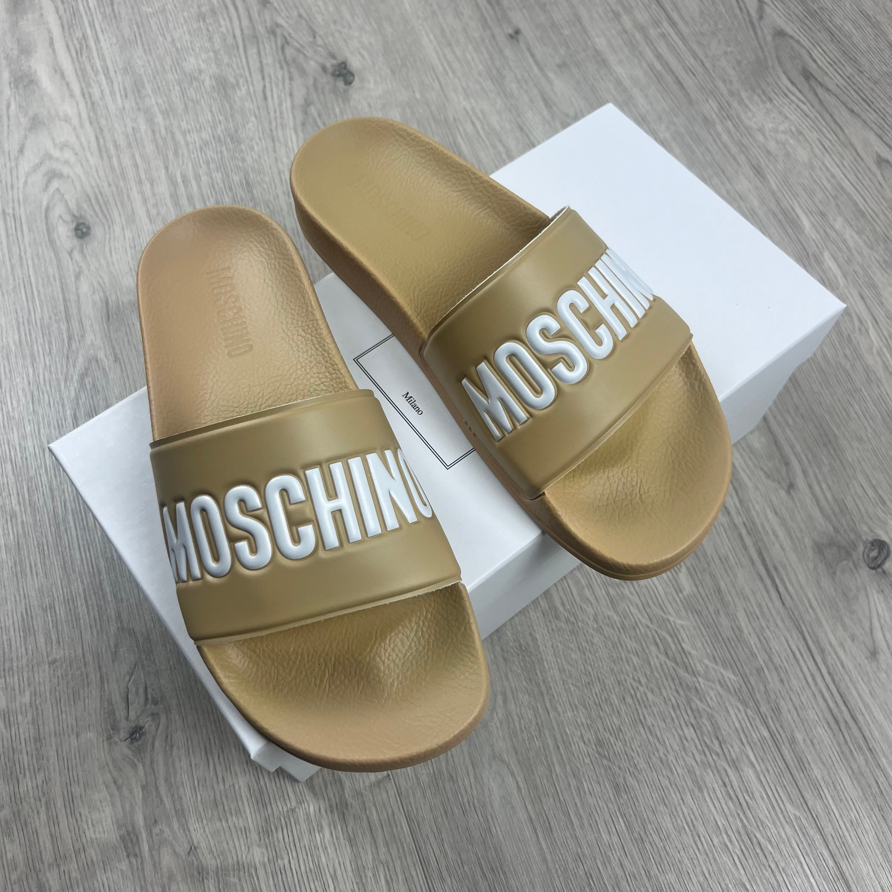 Moschino Logo Slides - Beige