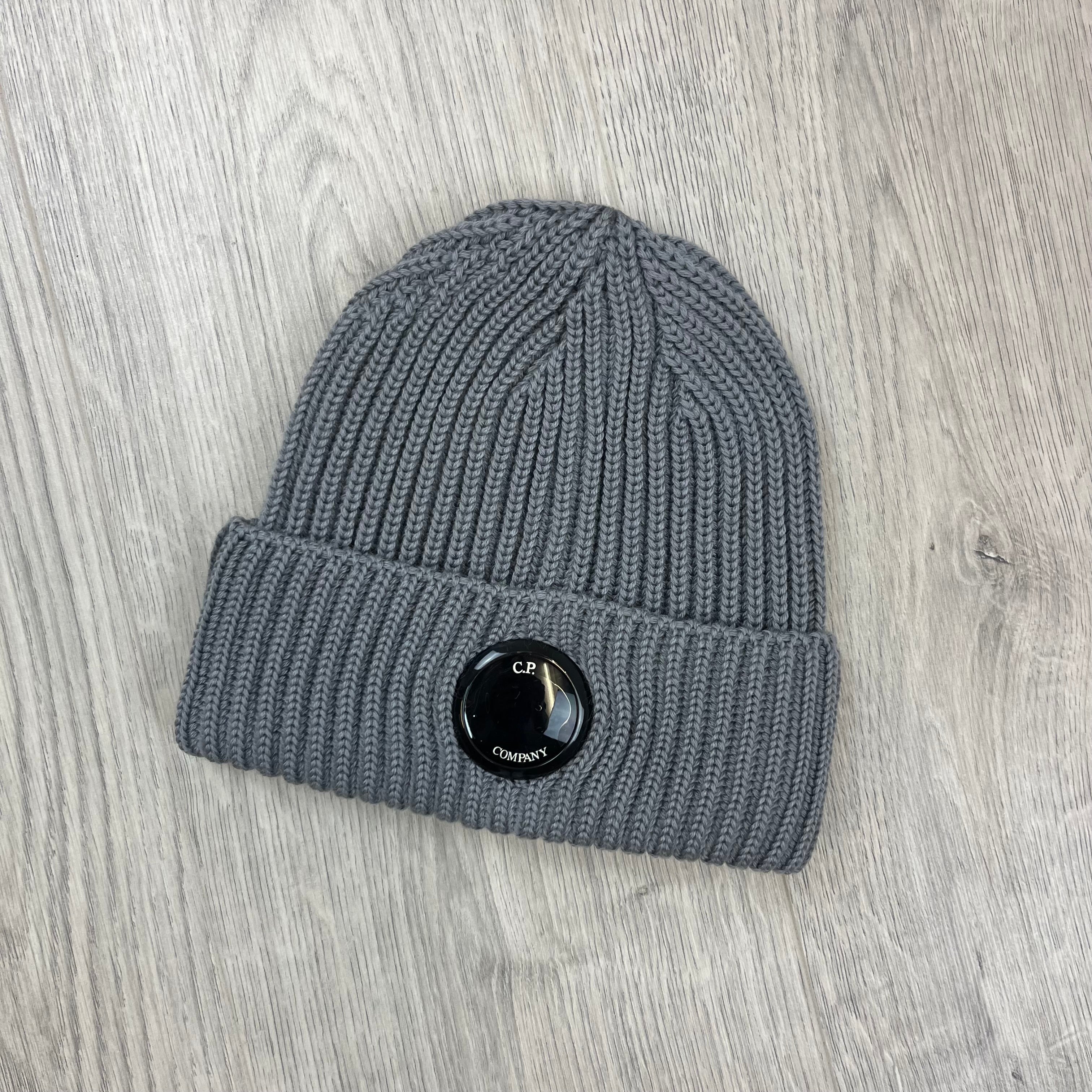 CP Company Merino Wool Lens Beanie in Griffin Grey. On sale at Open Attire.