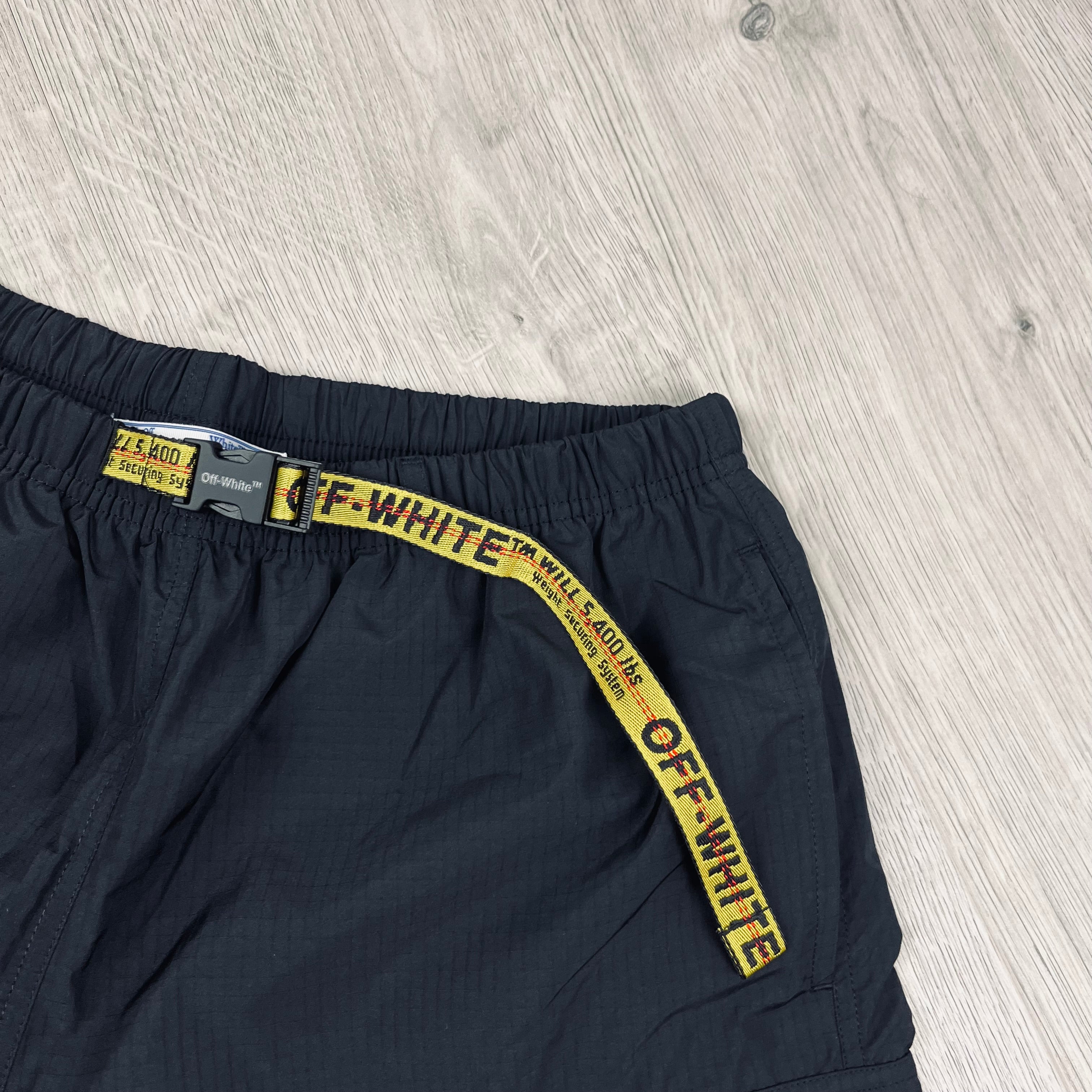 Off-White Industrial Belt Cargo Swim Shorts in Black. On sale at Open Attire.