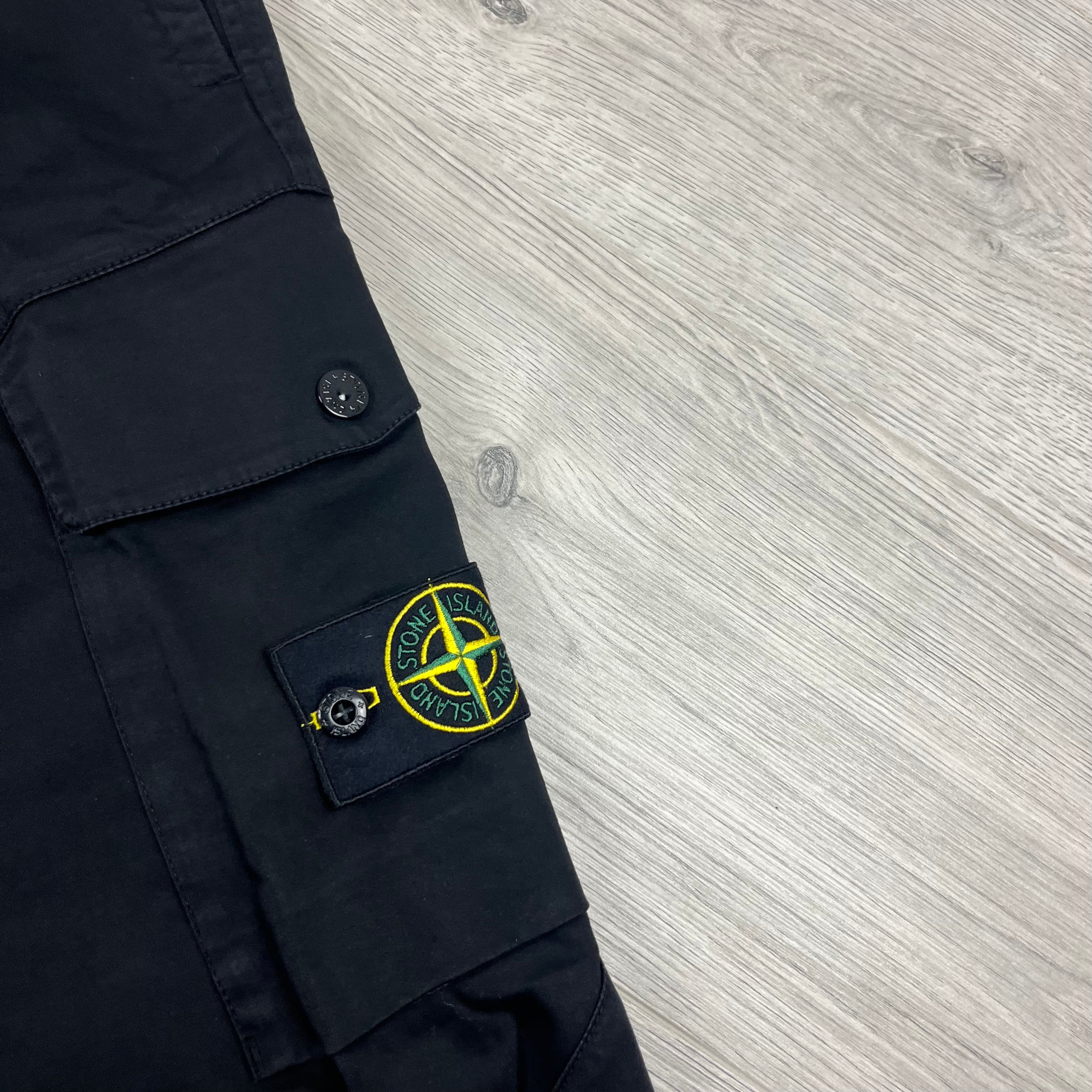 Stone Island Cotton Satin Cargo Trousers in Black. On sale at Open Attire