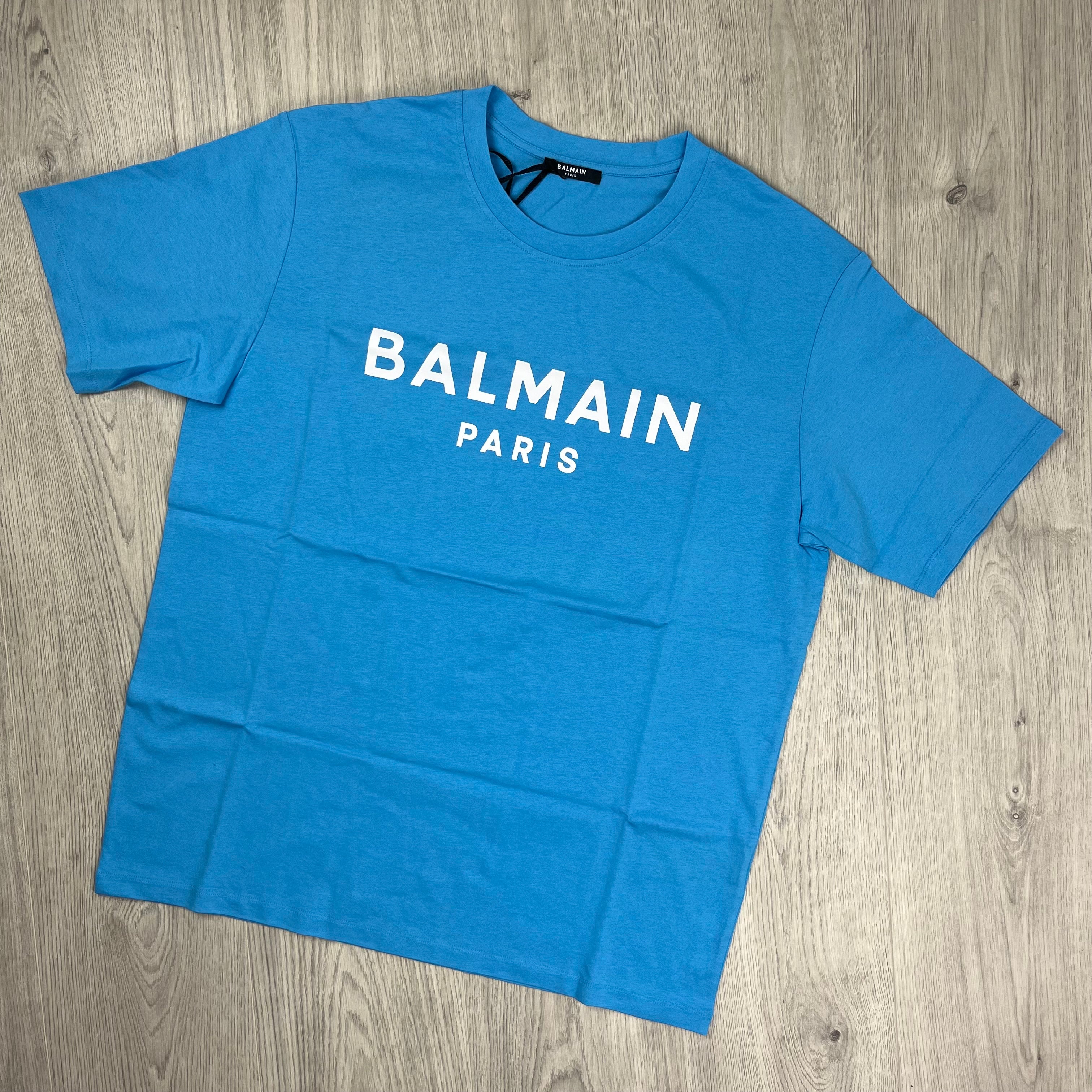 Balmain Printed T-Shirt in Blue. On sale at Open Attire.