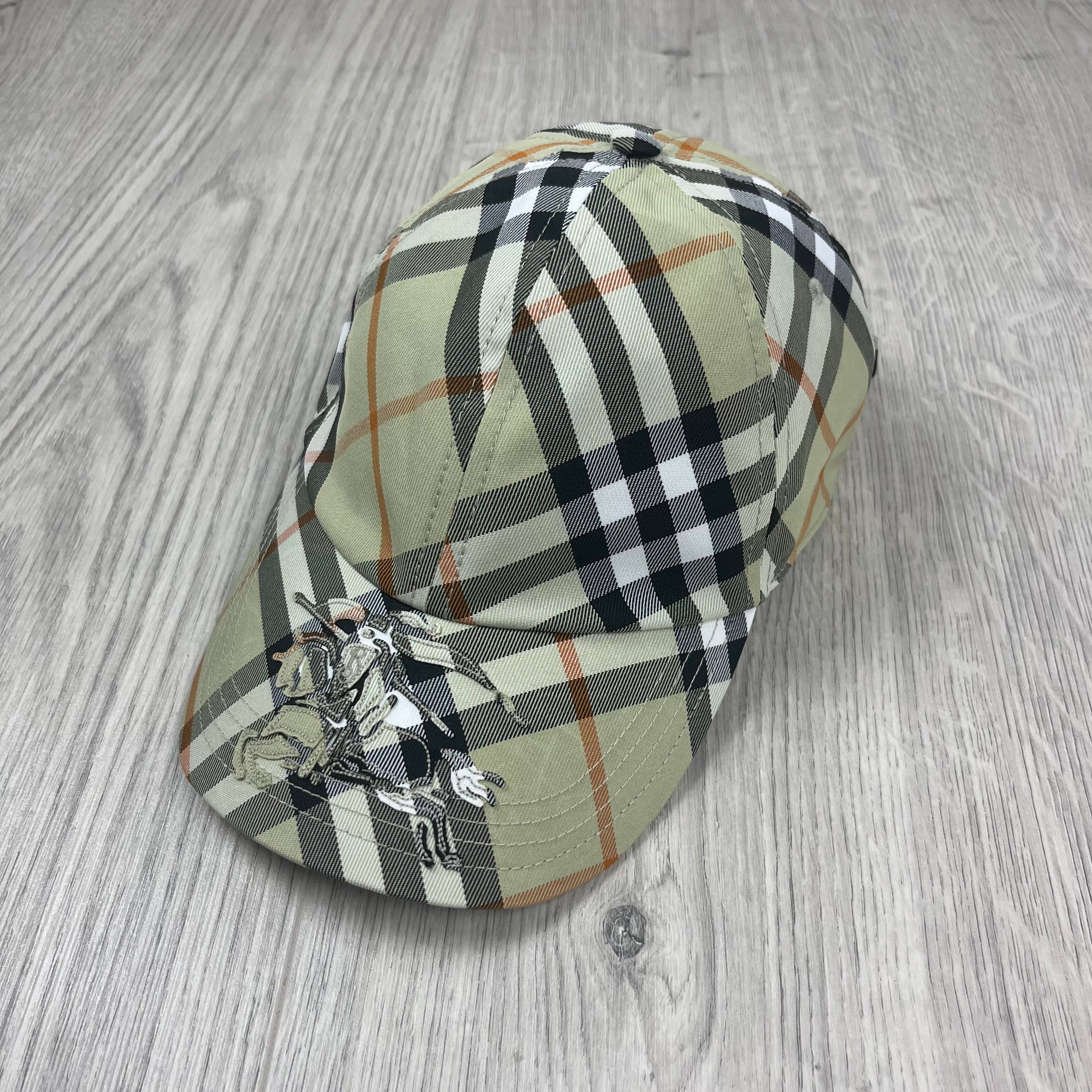Burberry Check Baseball Cap in Light Sage. On sale at Open Attire.