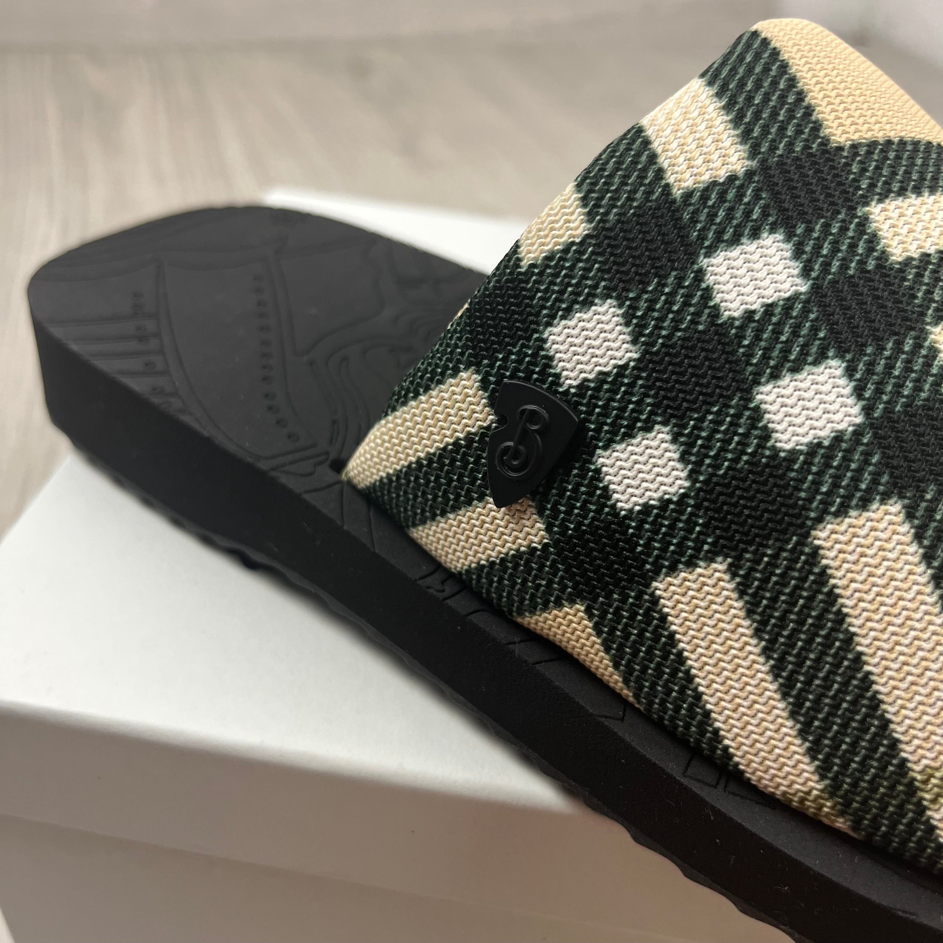 Burberry 'Trek' Slides in Grain Check. On sale at Open Attire.