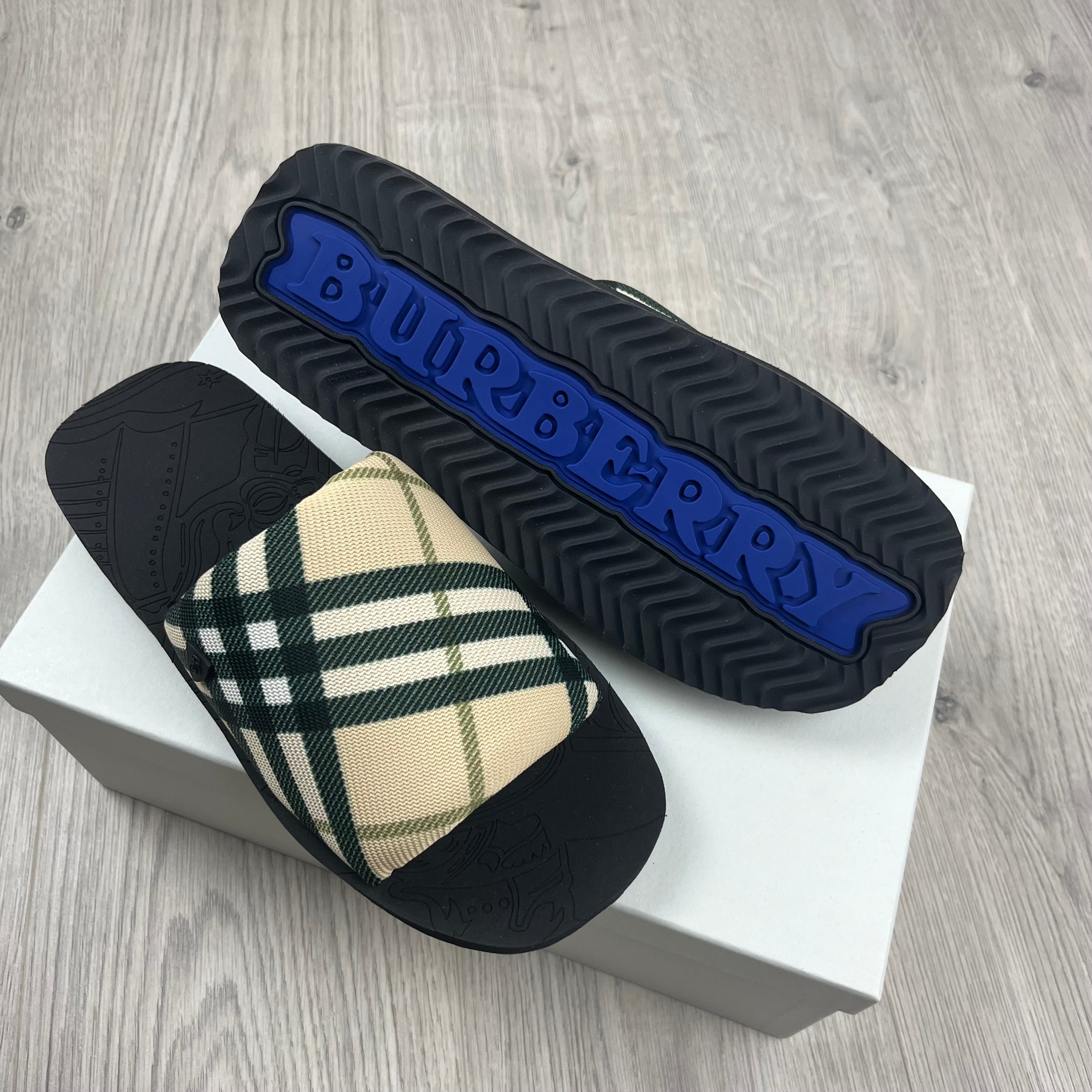 Burberry 'Trek' Slides in Grain Check. On sale at Open Attire.