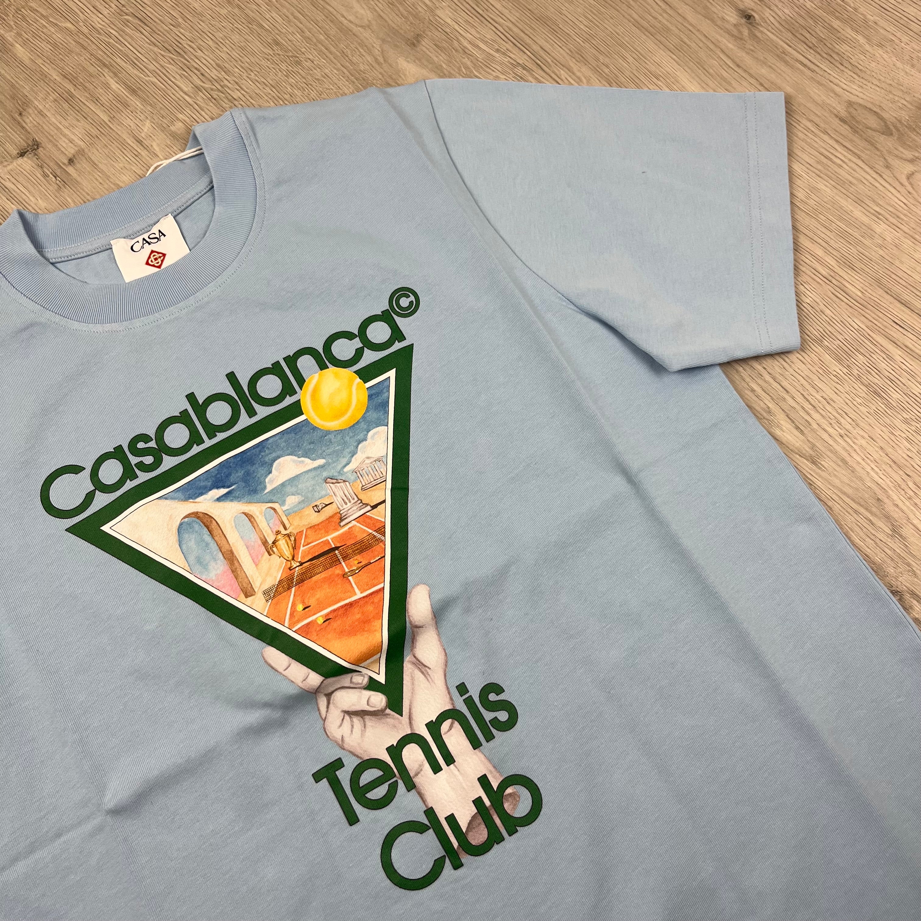 Casablanca Metaphysical Tennis T-Shirt in Blue. On sale at Open Attire.