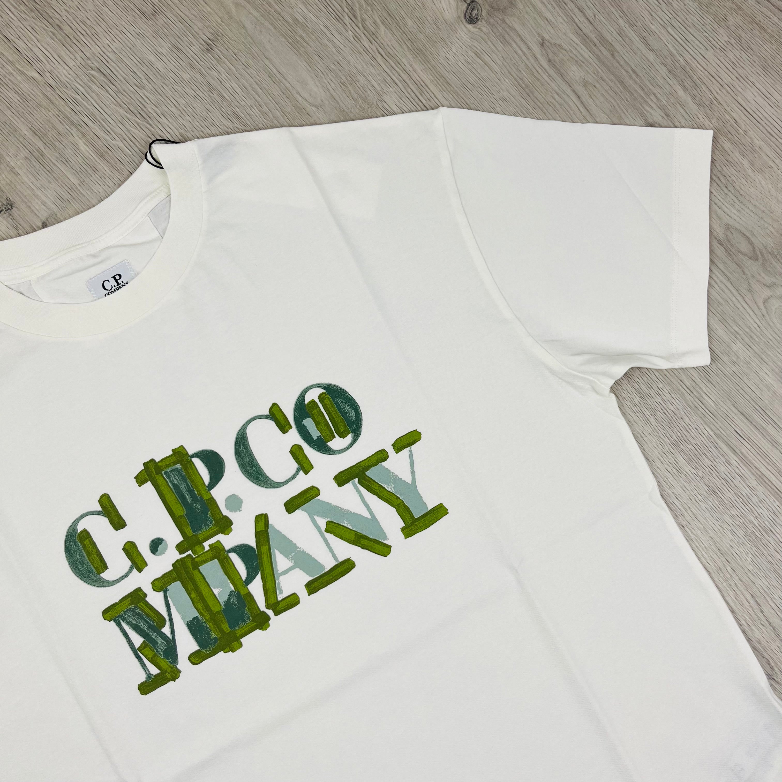 CP Company Blurred Logo T-Shirt in Gauze White. On sale at Open Attire.