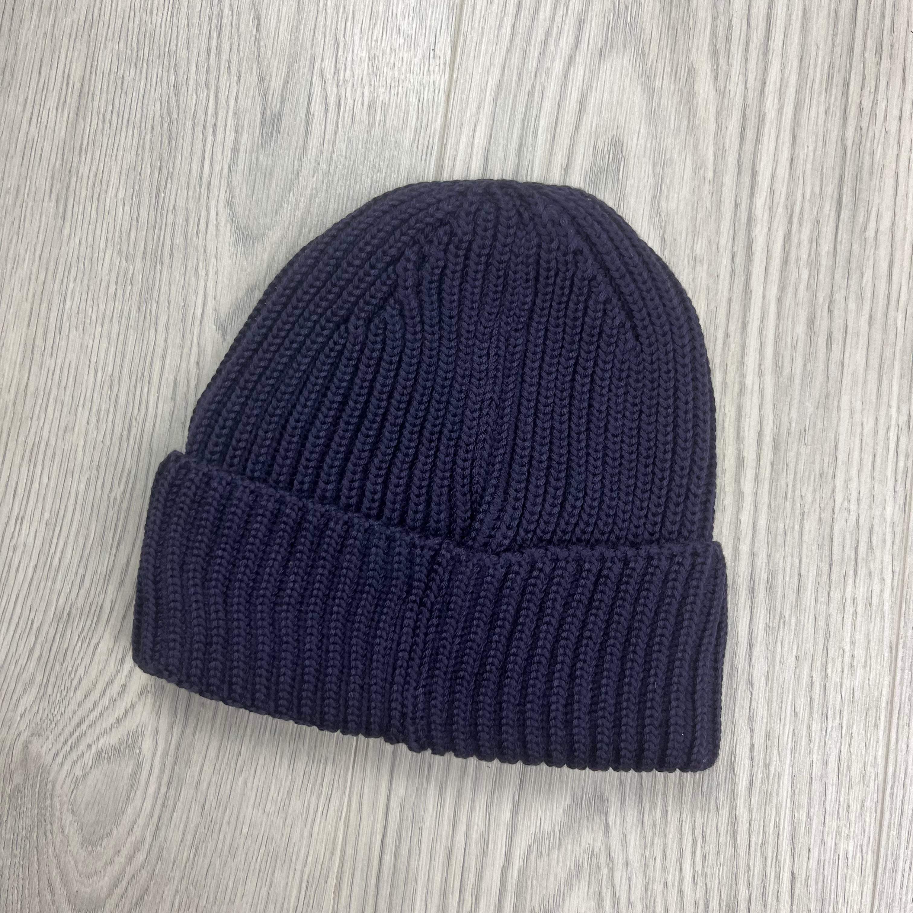 CP Company Merino Wool Lens Beanie in Nightshade. On sale at Open Attire.