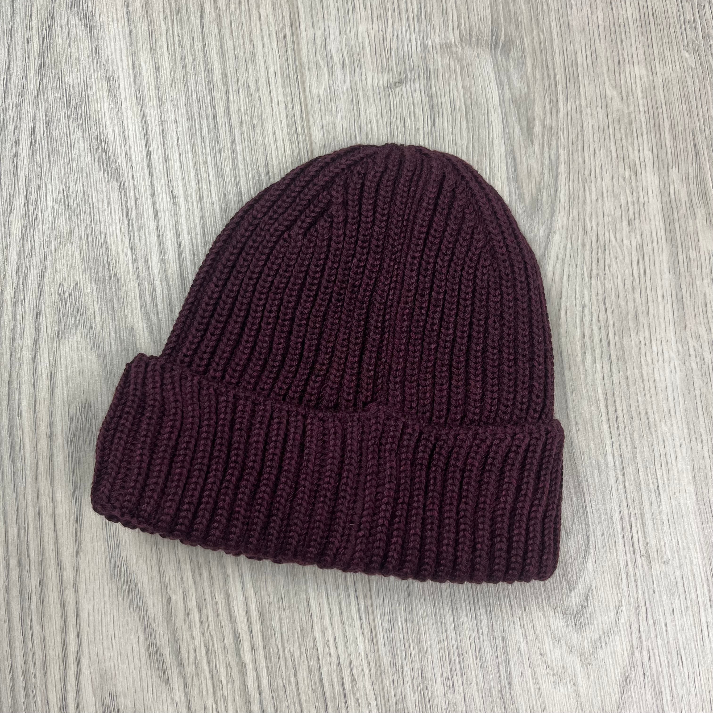 CP Company Merino Wool Lens Beanie in Potent Purple. On sale at Open Attire.