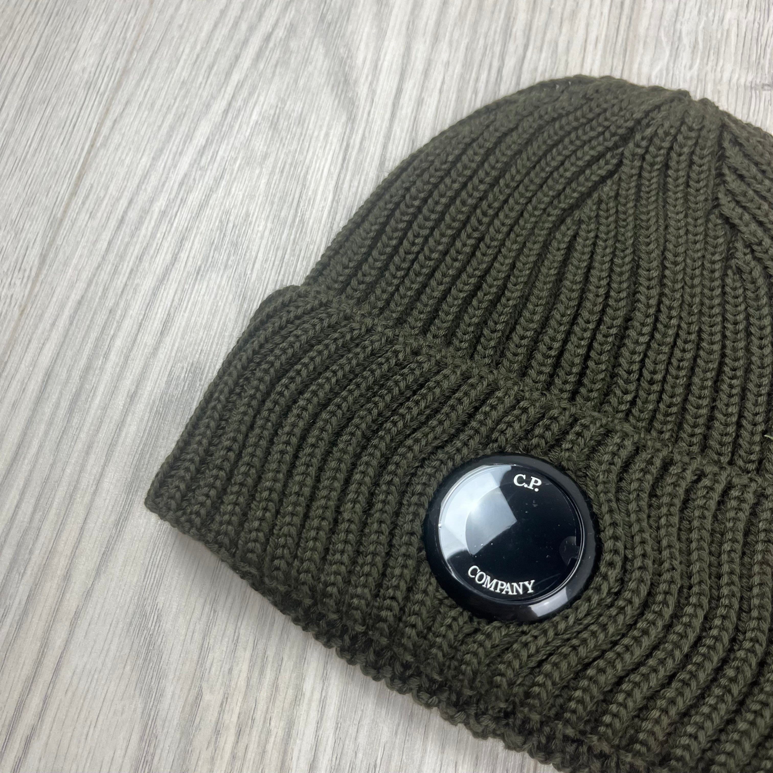 CP Company Merino Wool Lens Beanie in Ivy Green. On sale at Open Attire.