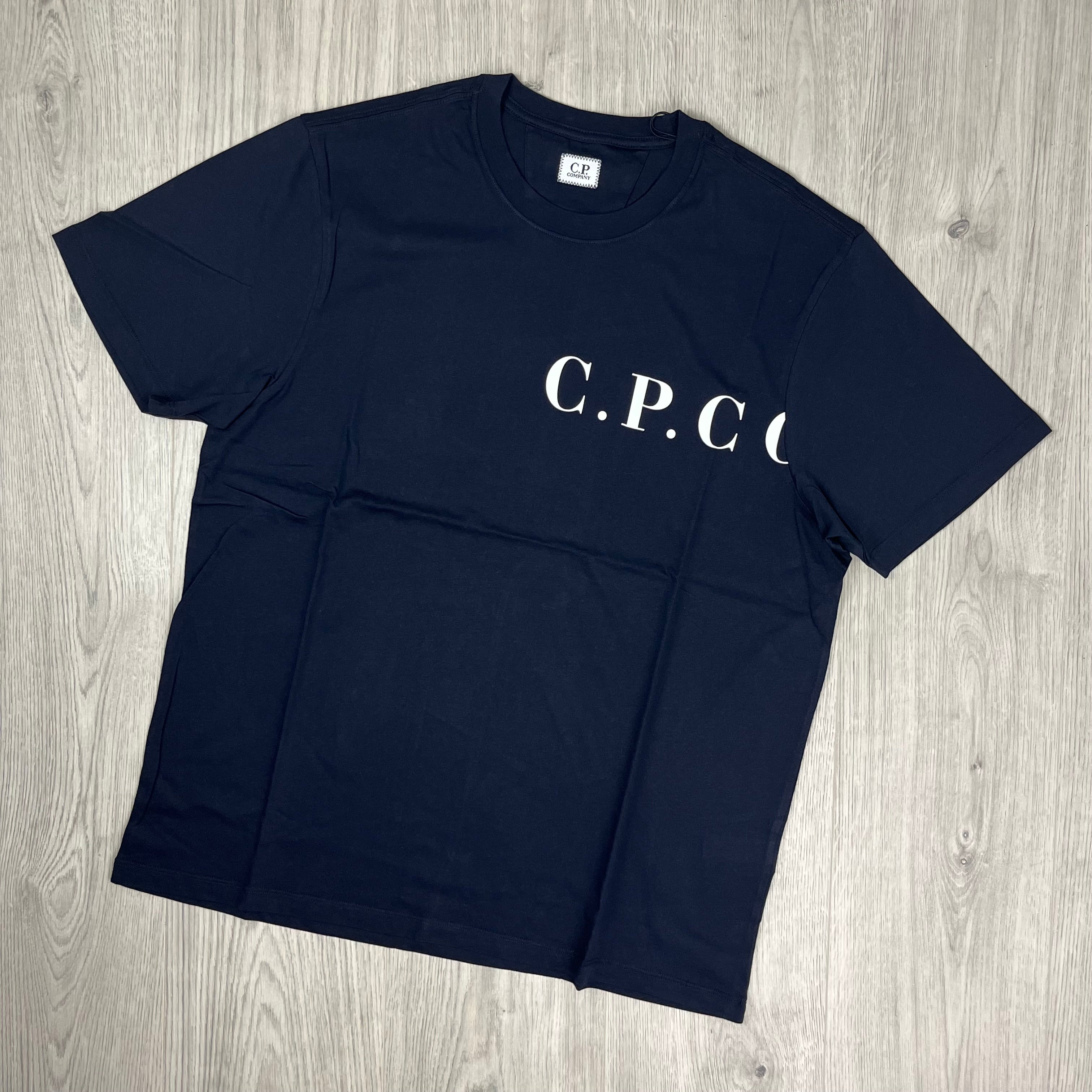 CP Company 30/1 Wrapped Logo T-Shirt in Total Eclipse Navy Blue. On sale at Open Attire.