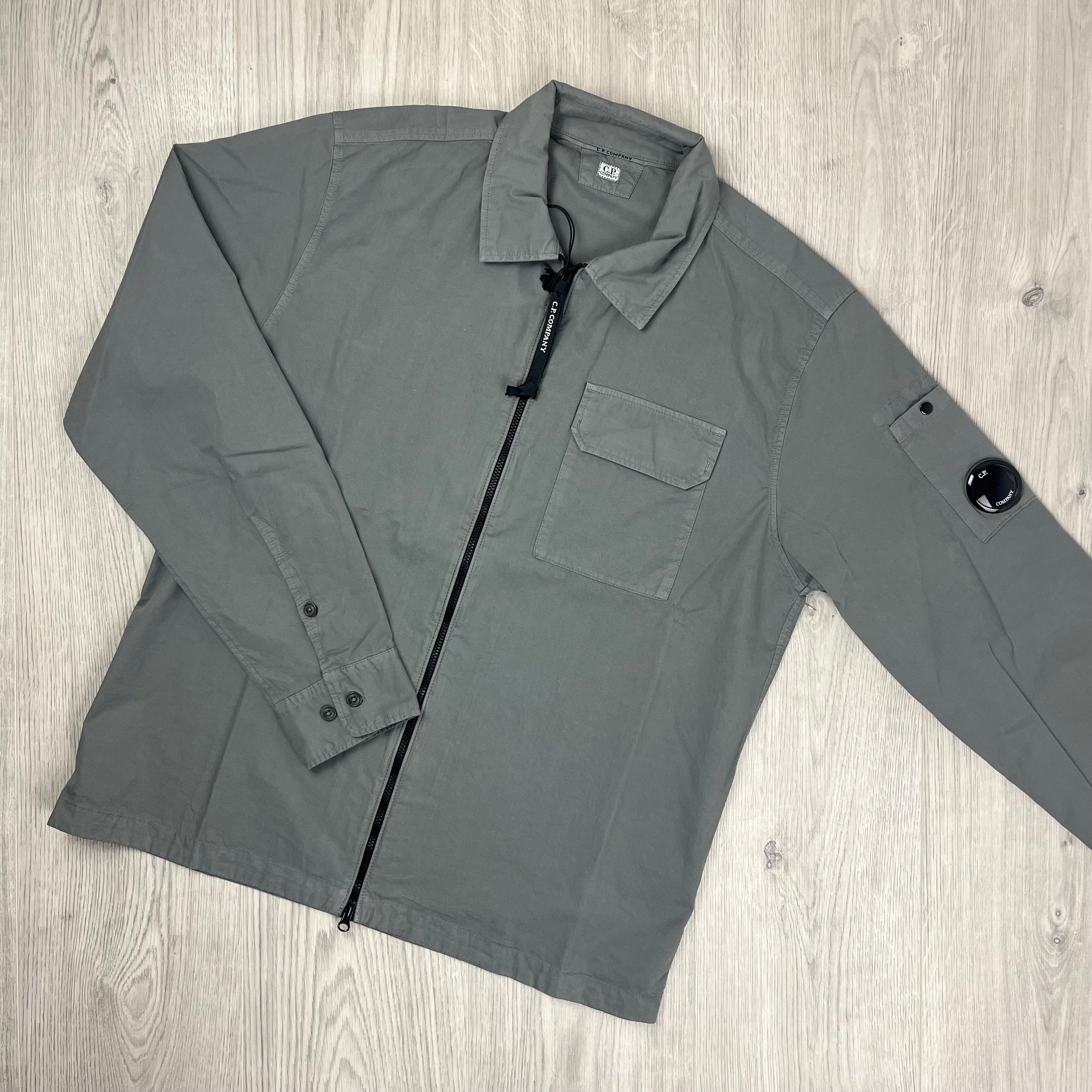 CP Company Gabardine Zip Overshirt in Smoked Pearl. On sale at Open Attire.