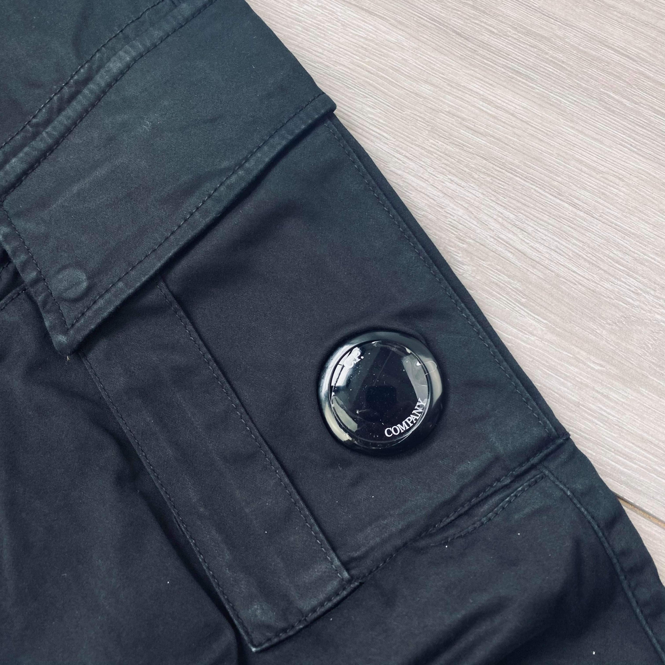 CP Company Stretch Sateen Cargo Trousers in Black. On sale at Open Attire.