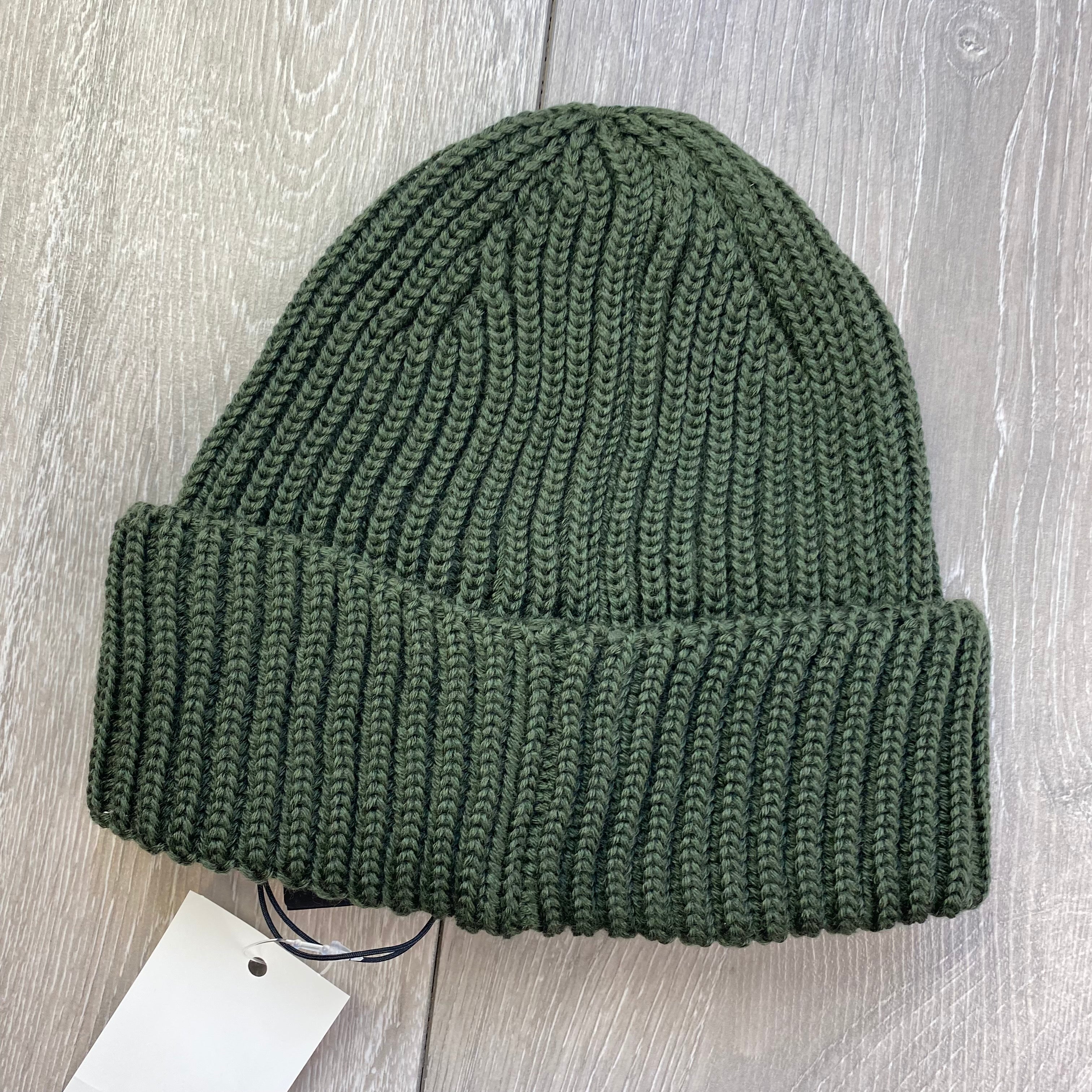 CP Company Extra Fine Merino Wool Goggle Beanie in Ivy Green. On sale at Open Attire.