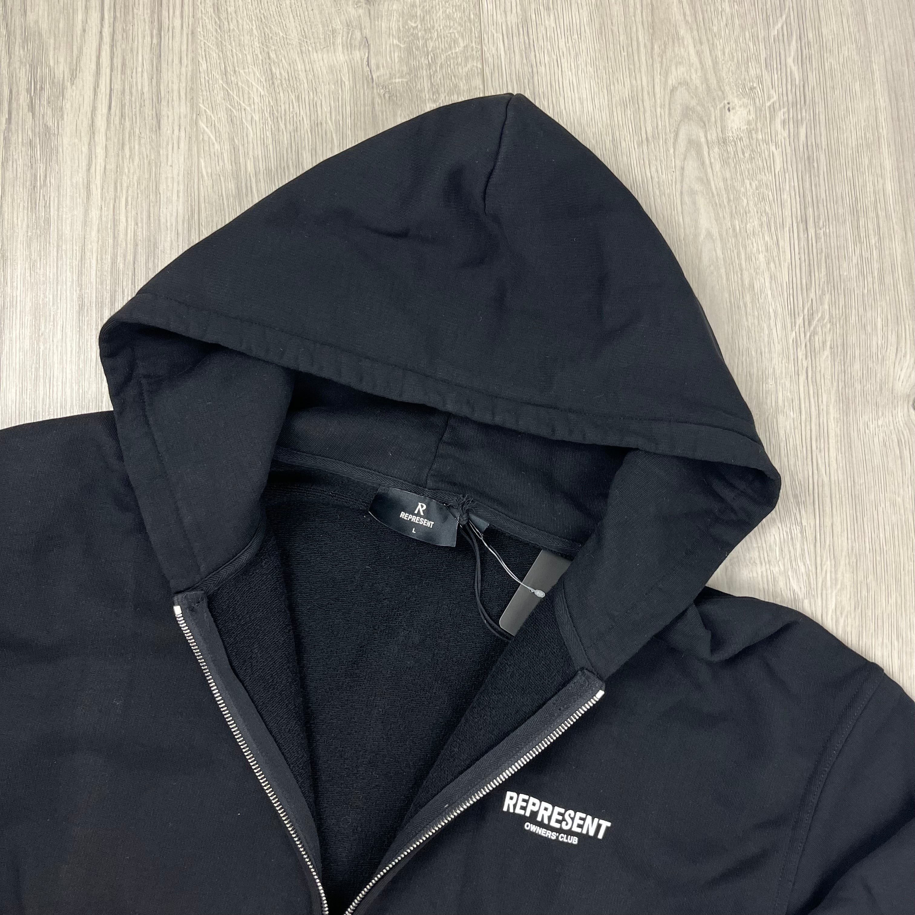 Represent Owners Club Zip Hoodie in Black. On sale at Open Attire.