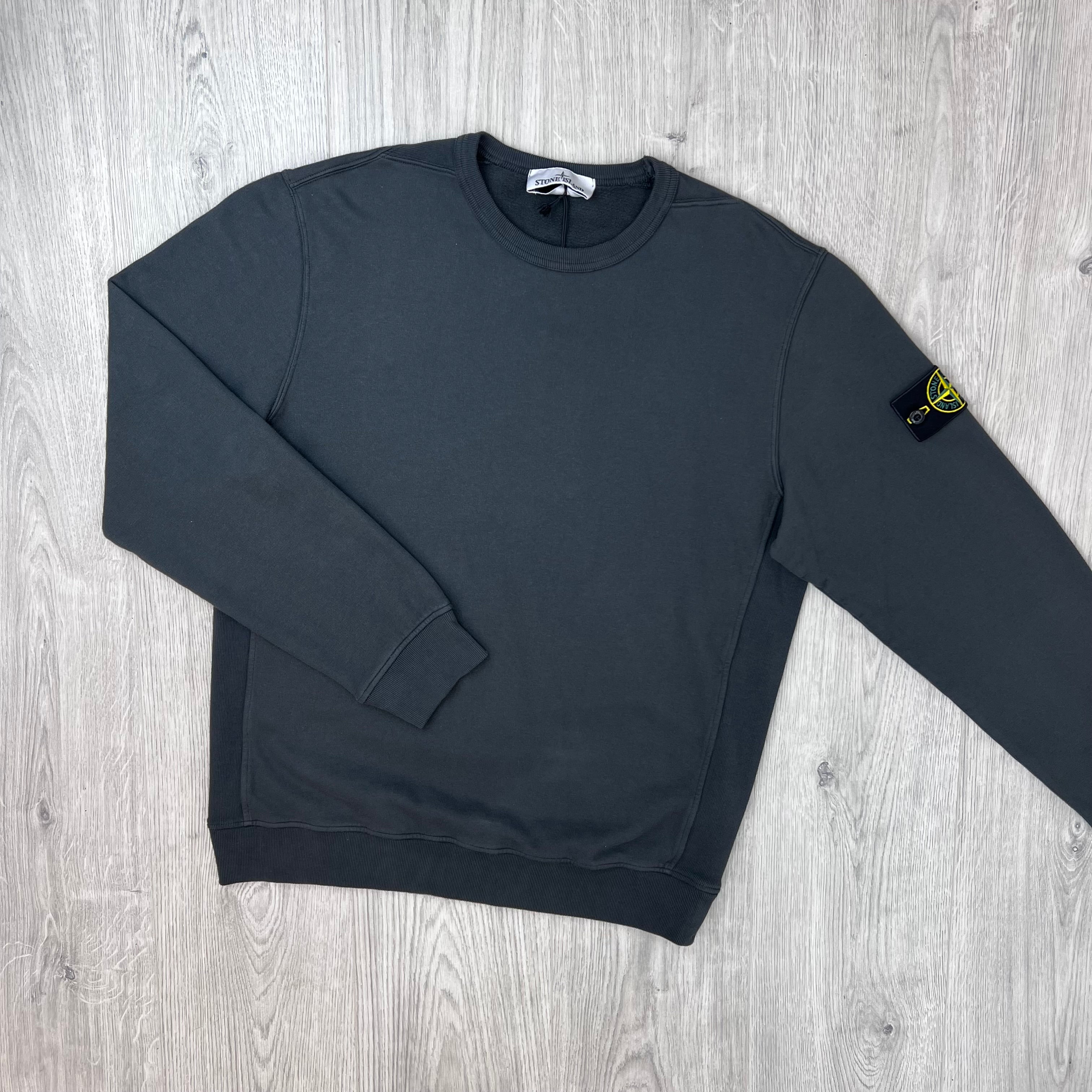Front view of the Stone Island Crewneck Brushed Cotton Sweatshirt in Lead Grey.