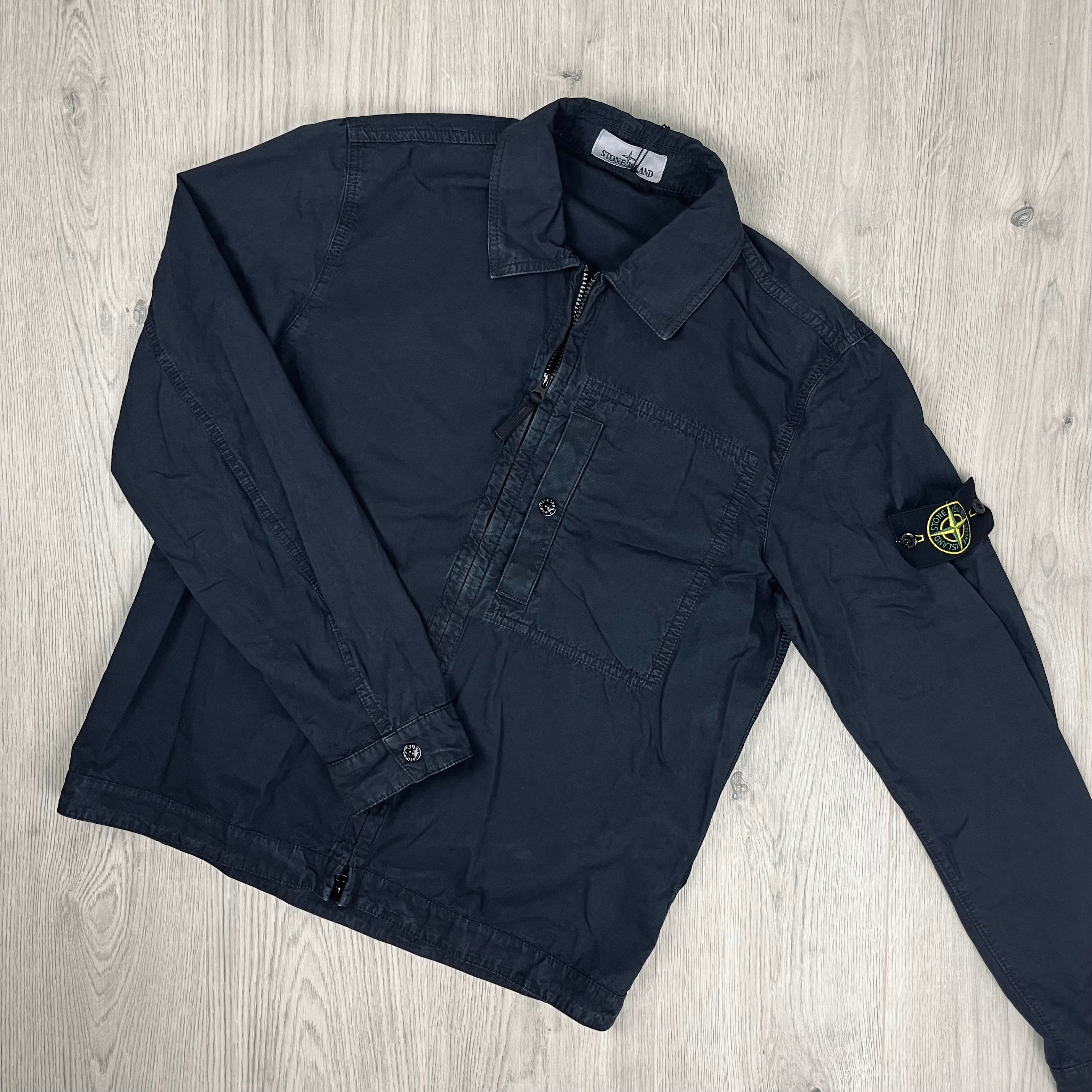 Stone Island Cotton Canvas Zip Overshirt in Navy Blue. On sale at Open Attire.